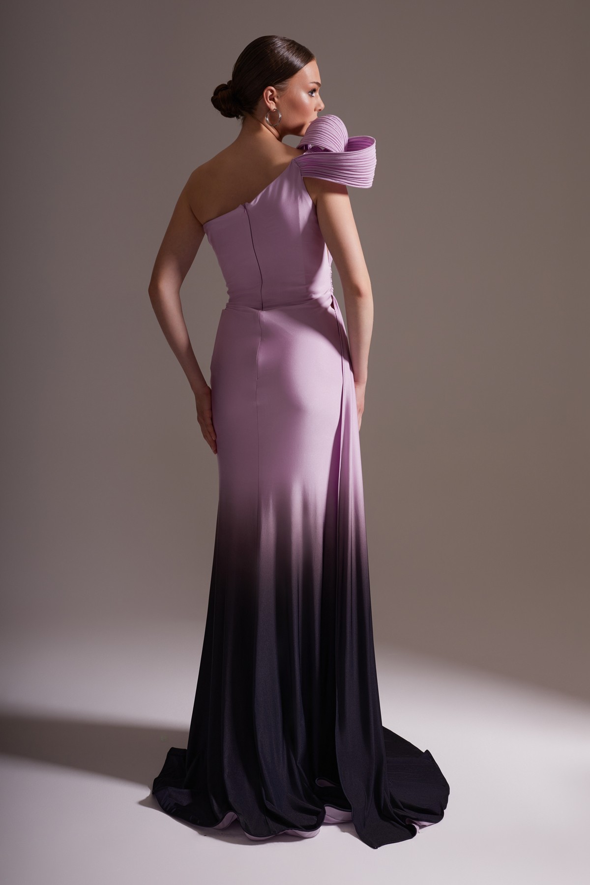 One Shoulder Draped Satin Evening Dress with Slit and Bow Detail Purple – Black