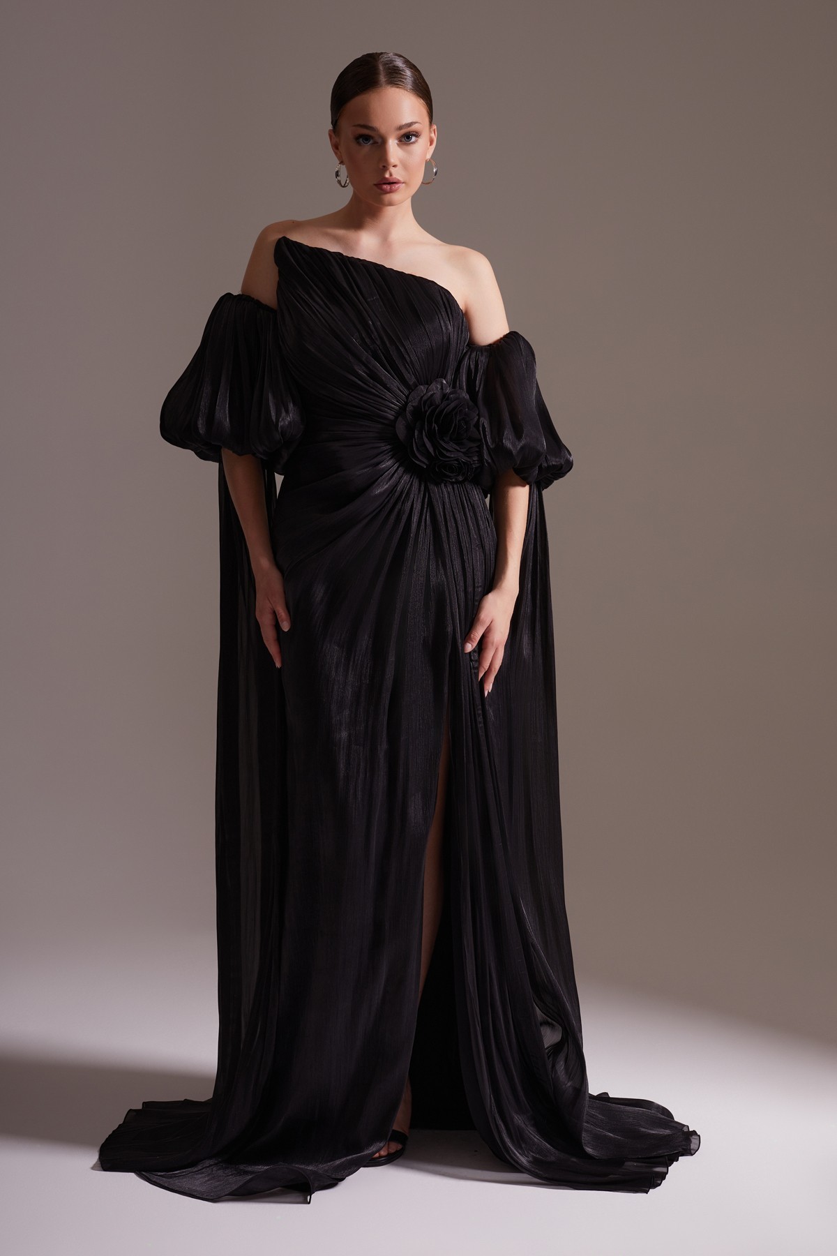 One Shoulder Satin Draped Flower Detailed Balloon Sleeve Slit Evening Dress Black