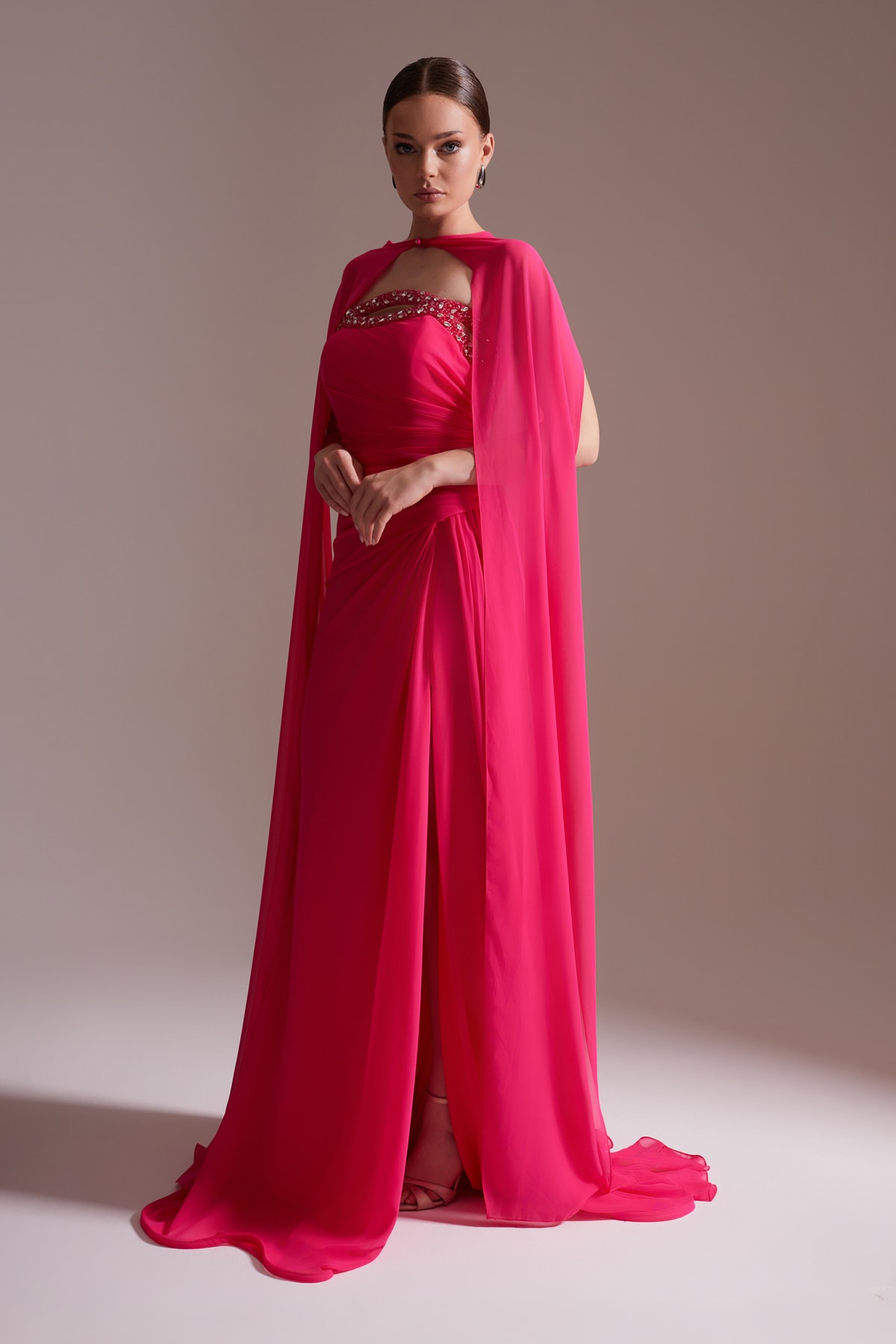 Cape-Shaped Stone Detailed Slit Chiffon Evening Dress Fuchsia