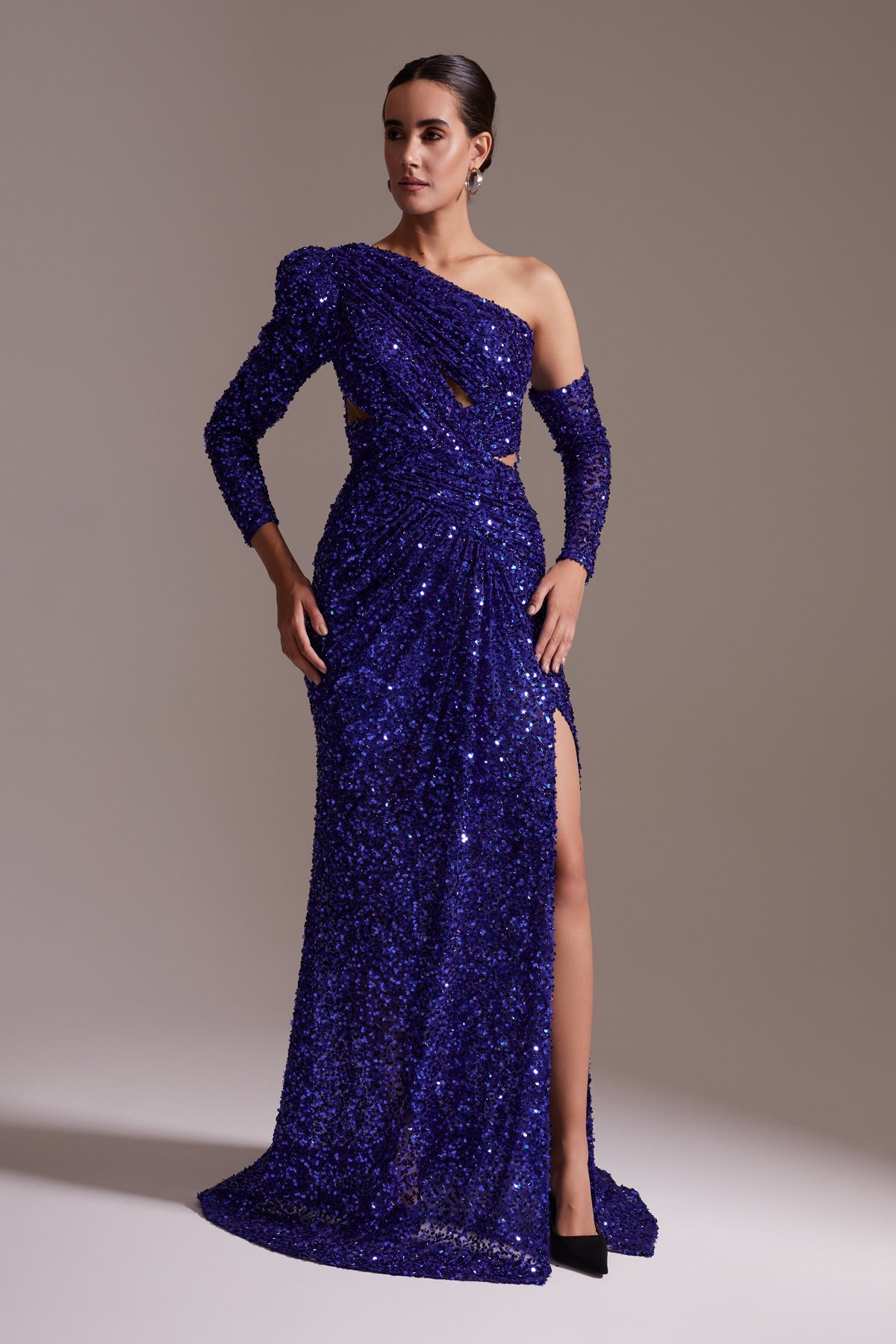 Sequined One Shoulder Slit Long Evening Dress Navy Blue