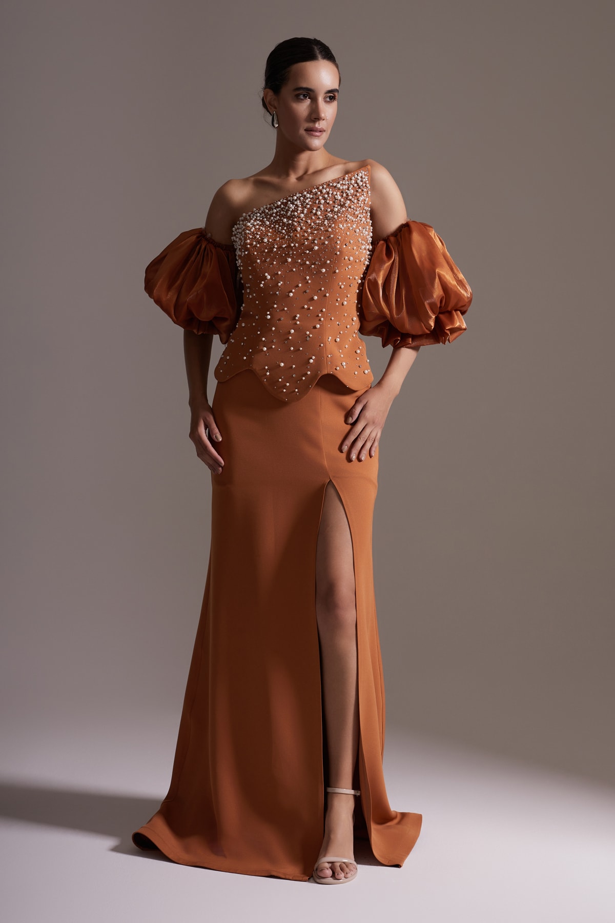 One Shoulder Pearled Satin Balloon Sleeve Slit Evening Dress Tile