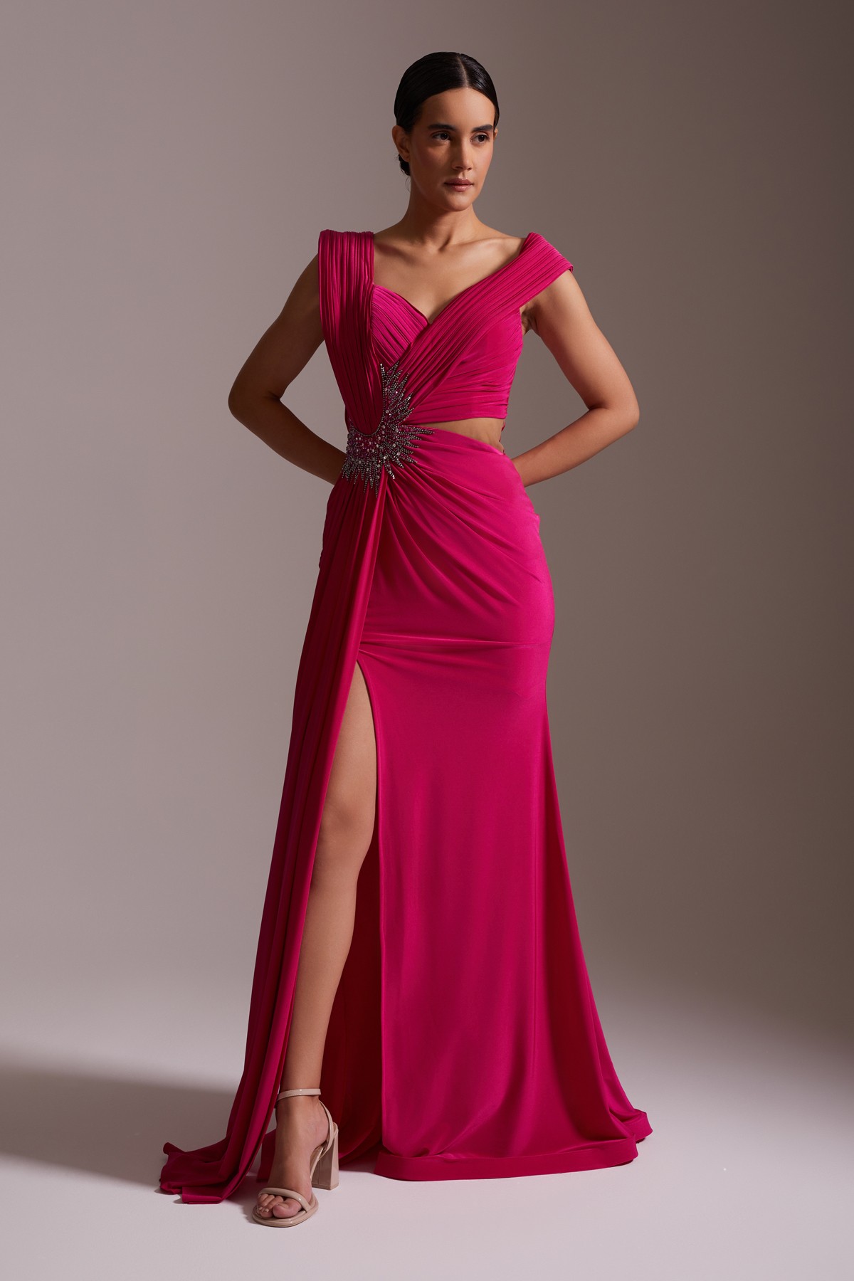 Slit One Shoulder Detailed Stone Embroidered Evening Dress Fuchsia