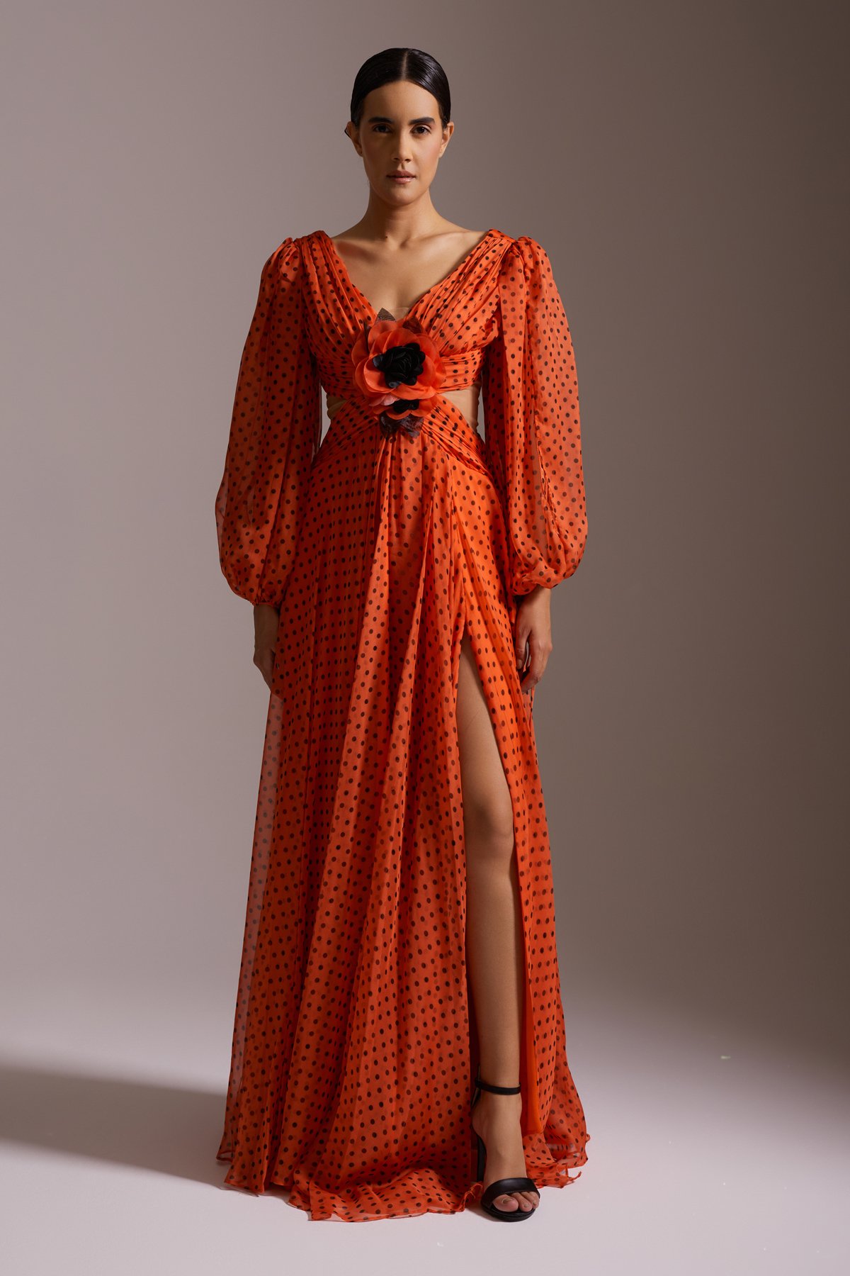 Red Black Polka Dot Slit Chiffon Long Evening Dress