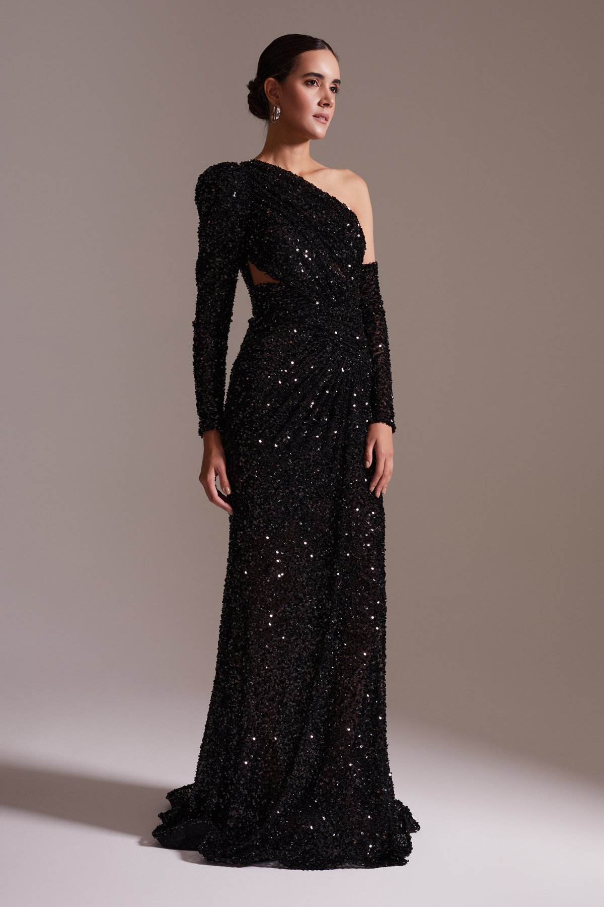 One Shoulder Sequined Slit Long Evening Dress Black