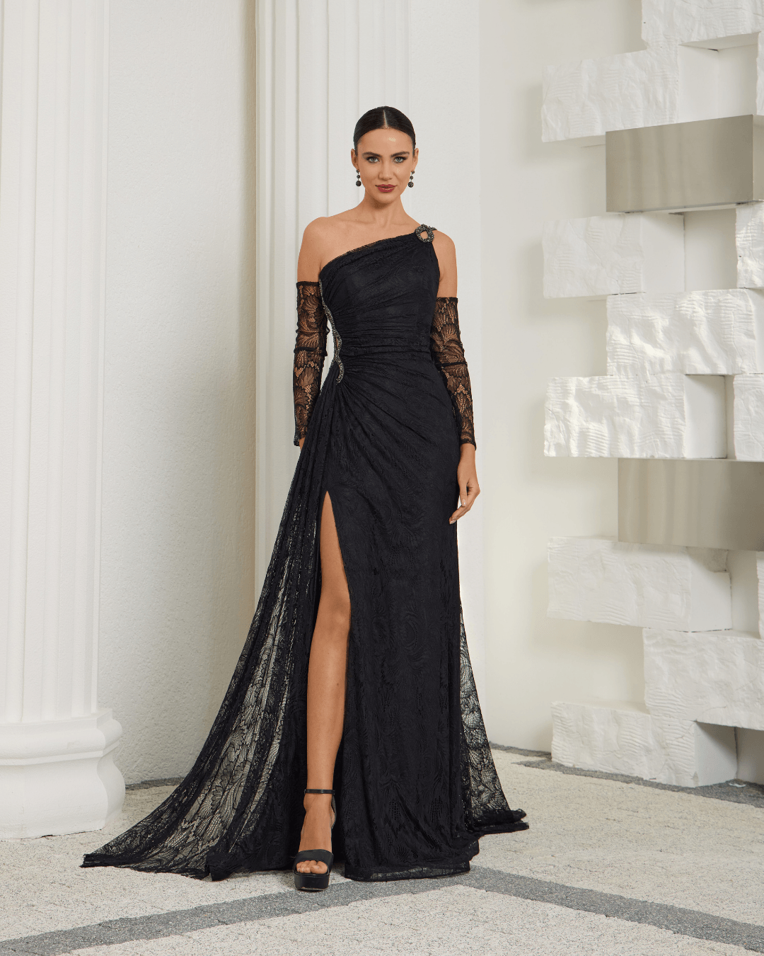 Black One Shoulder Lace Evening Dress