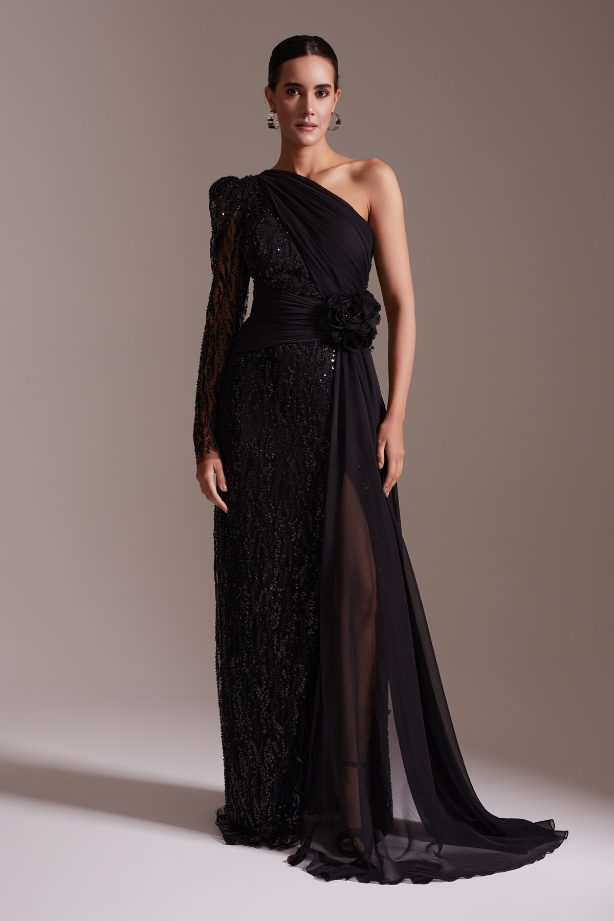 One Shoulder Sequined Tulle Detailed Floral Accessory Slit Evening Dress Black