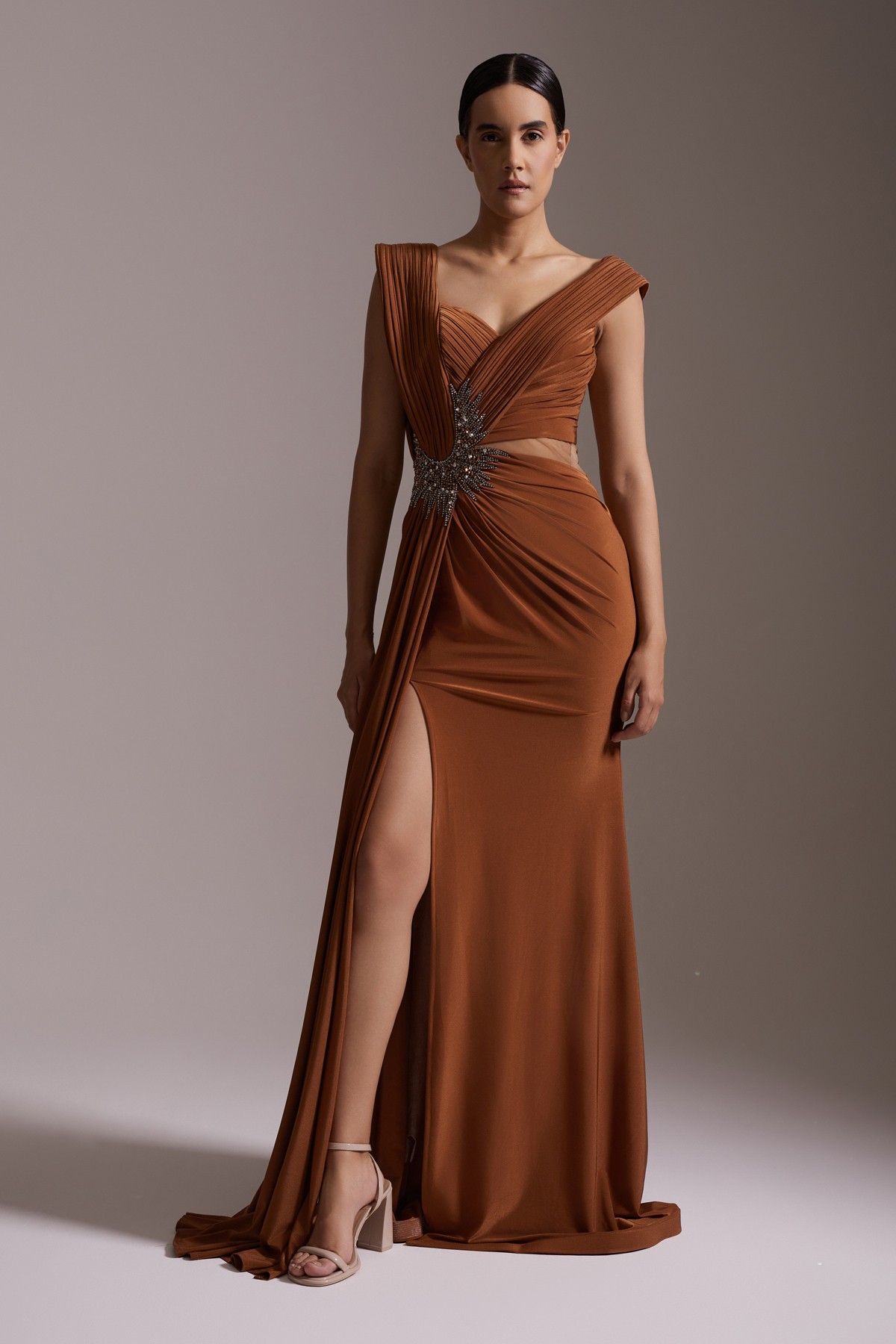 Slit Draped Stone Detailed One Shoulder Evening Dress Copper
