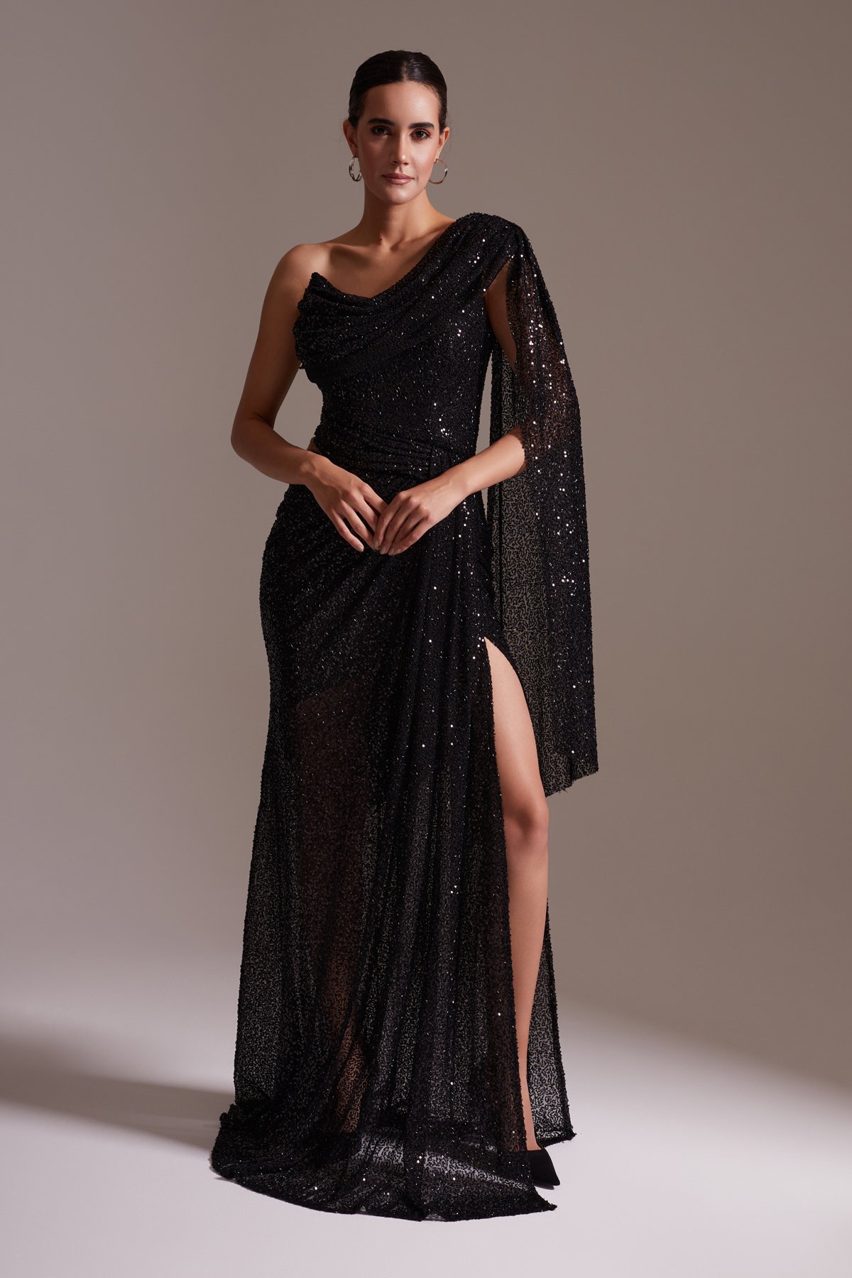 One Shoulder Slit Sequined Evening Dress Black