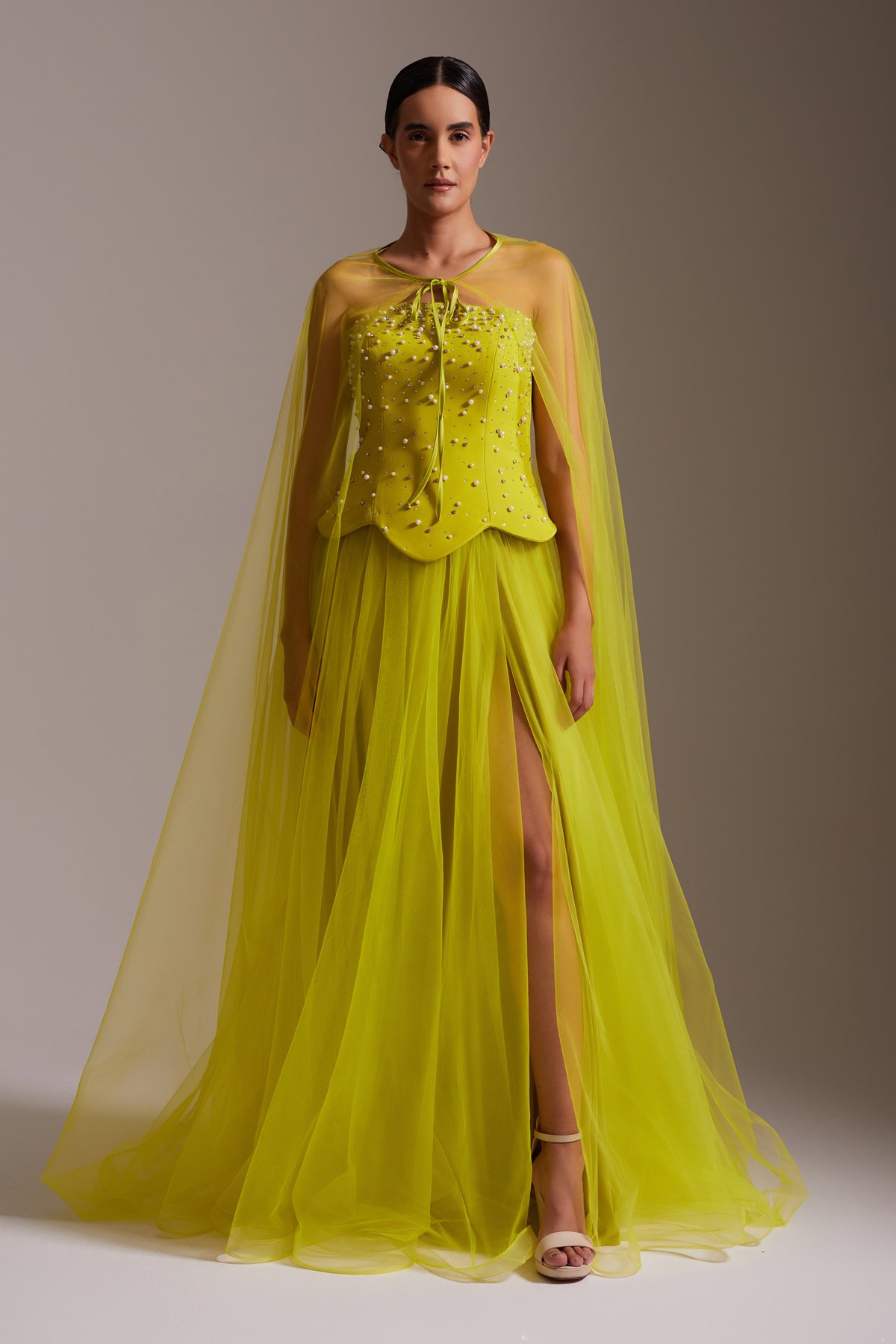 Stone Embroidered Tulle Cape Slit Evening Dress Neon Yellow