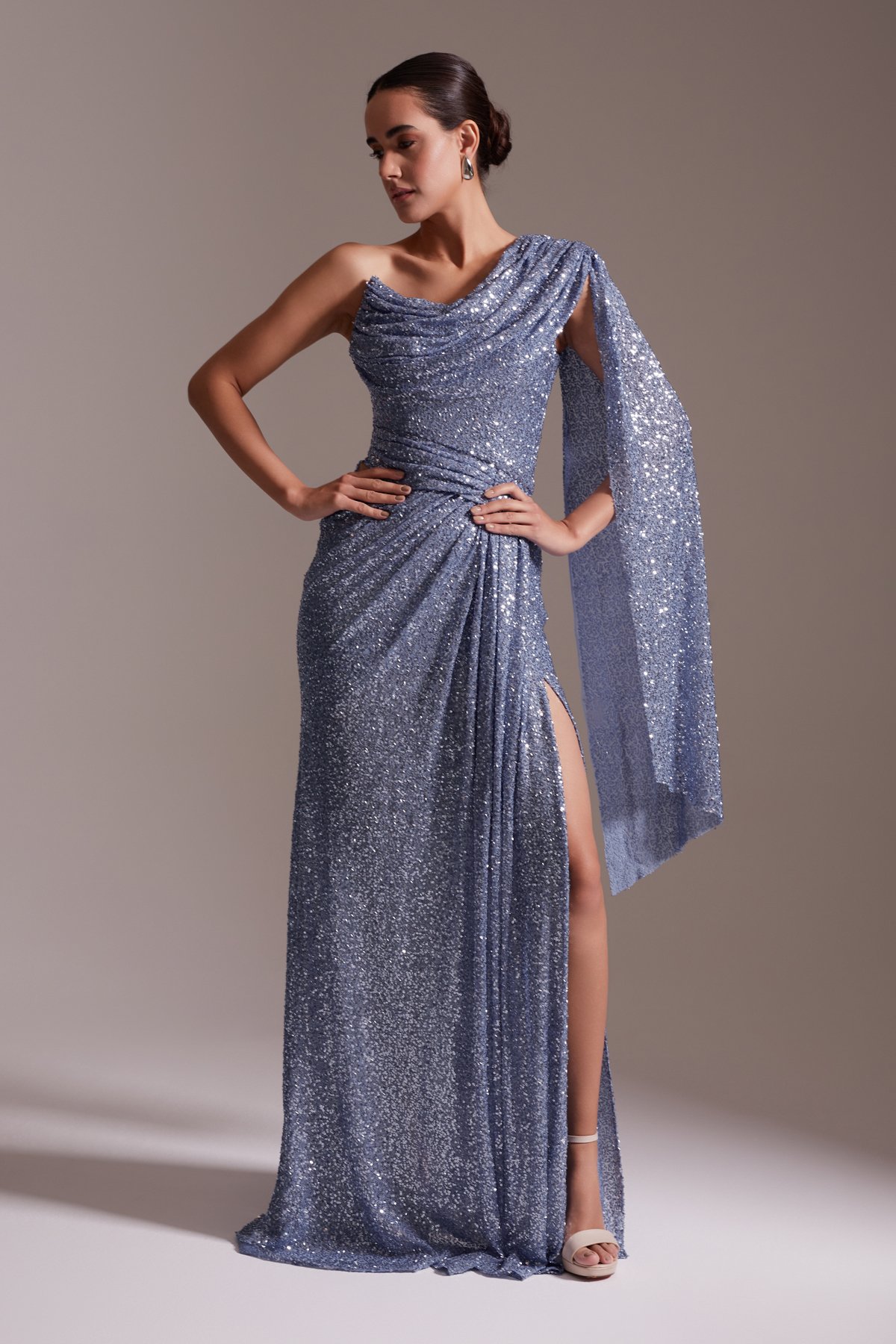 One Shoulder Draped Slit Glittery Evening Dress Lilac