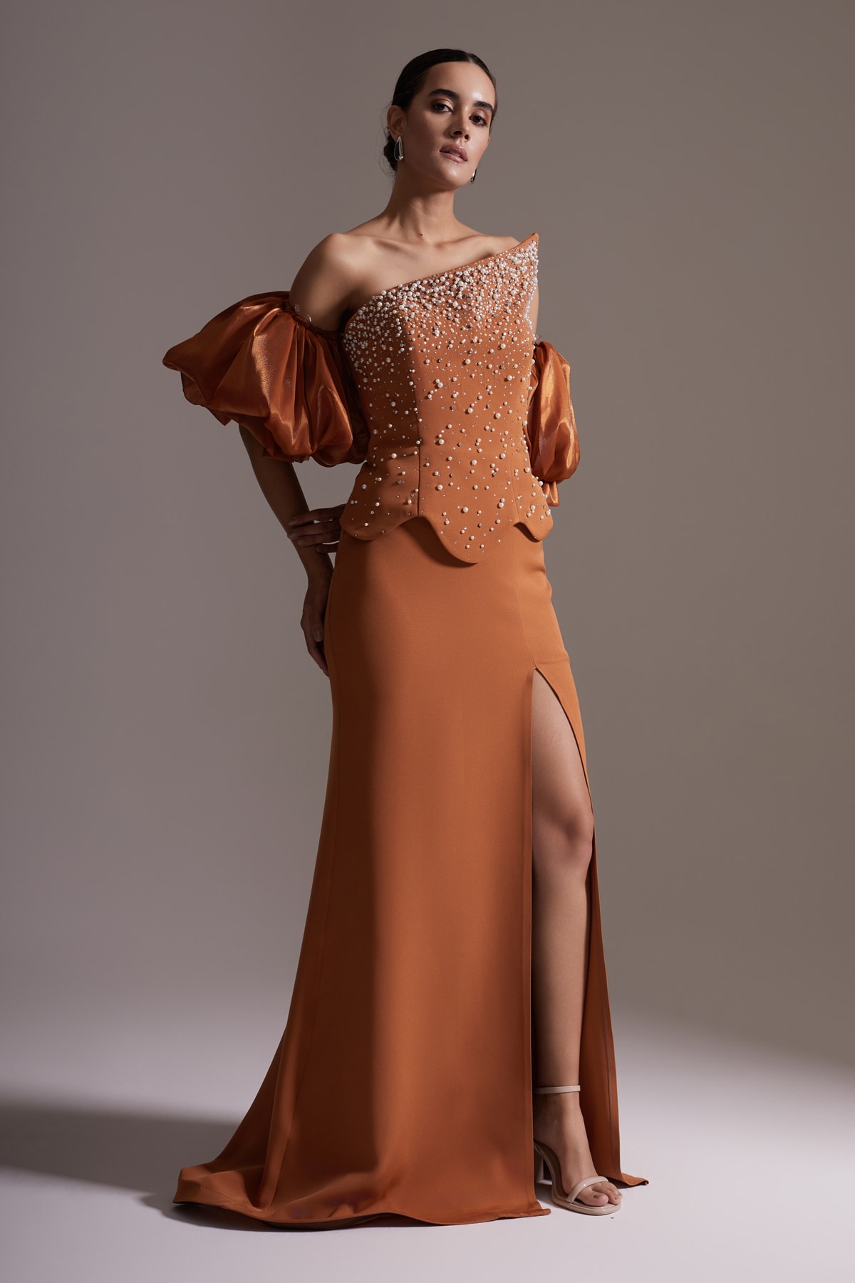 One Shoulder Pearled Satin Balloon Sleeve Slit Evening Dress Tile