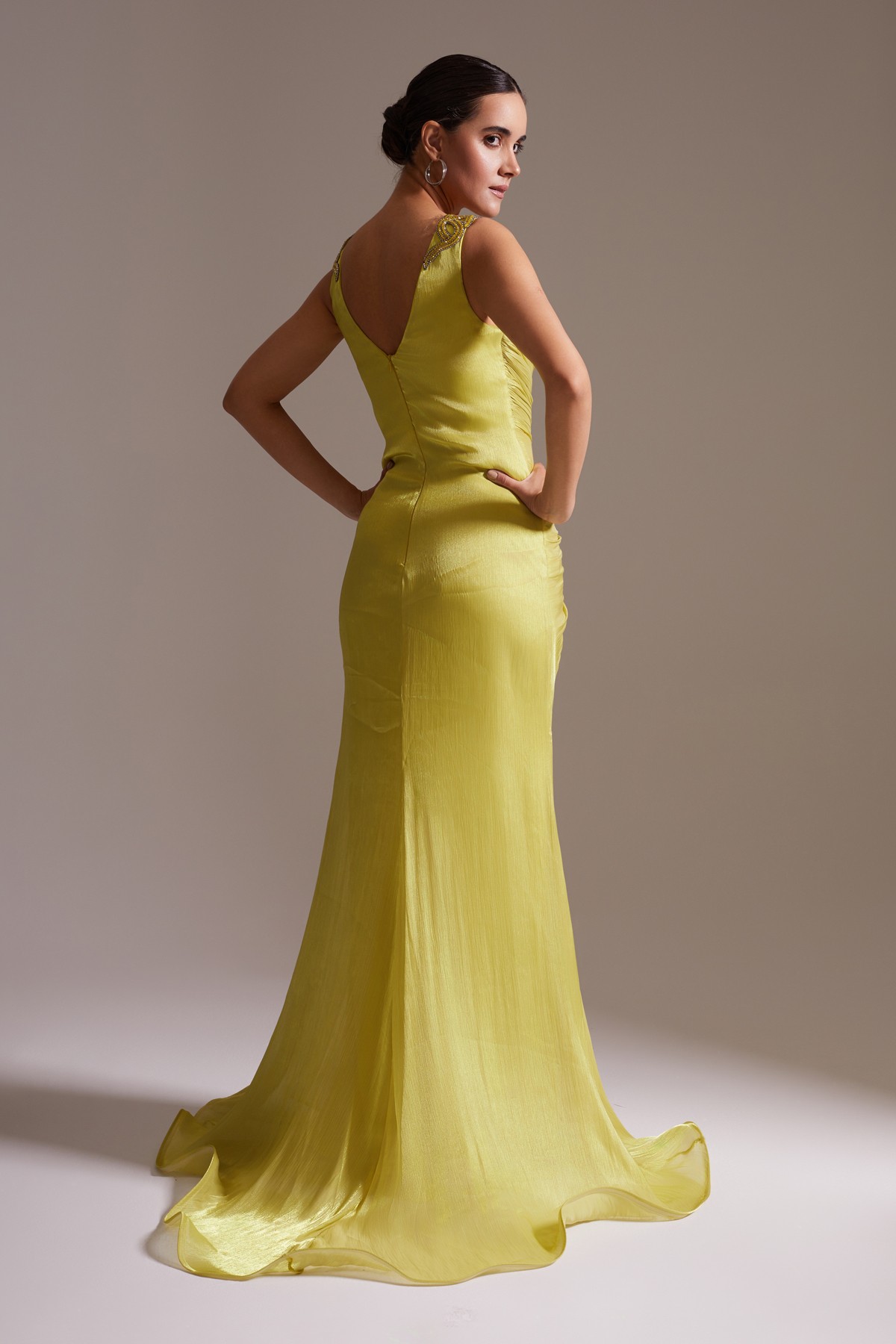 Draped Stone Embroidered Sheer Neck Chiffon Long Evening Dress Yellow