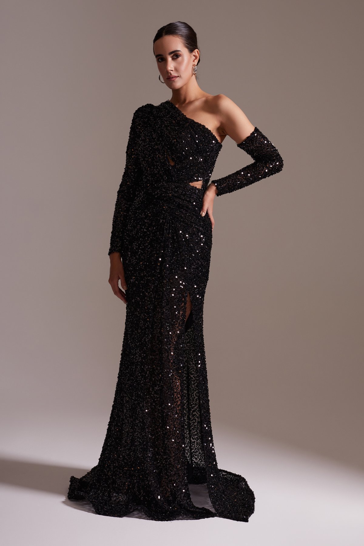 One Shoulder Sequined Slit Long Evening Dress Black