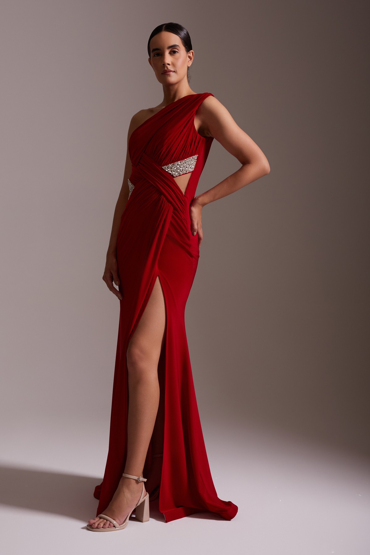 One Shoulder Slit Draped Stone Detailed Evening Dress Red