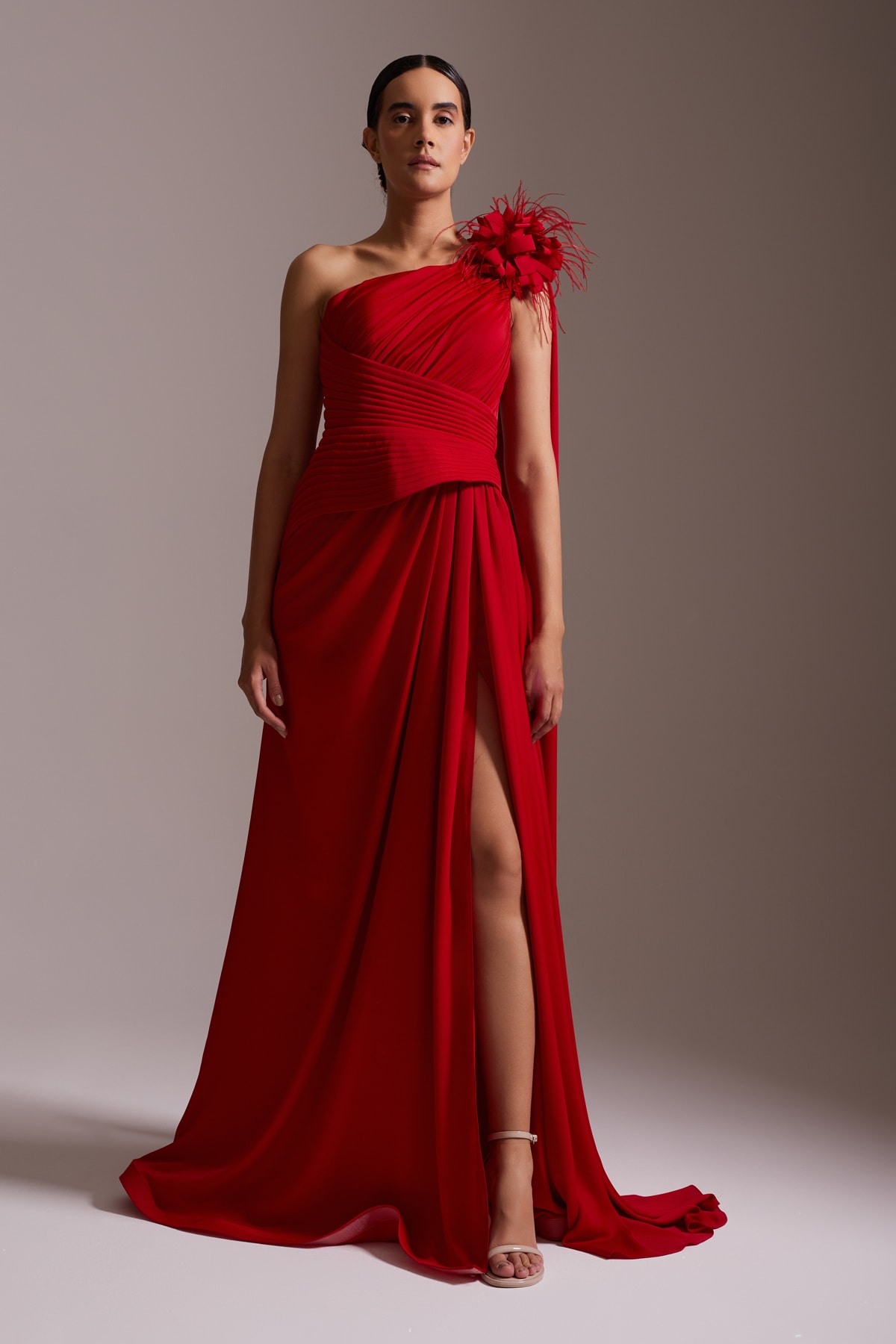 One Shoulder Floral Detailed Slit Chiffon Evening Dress Red