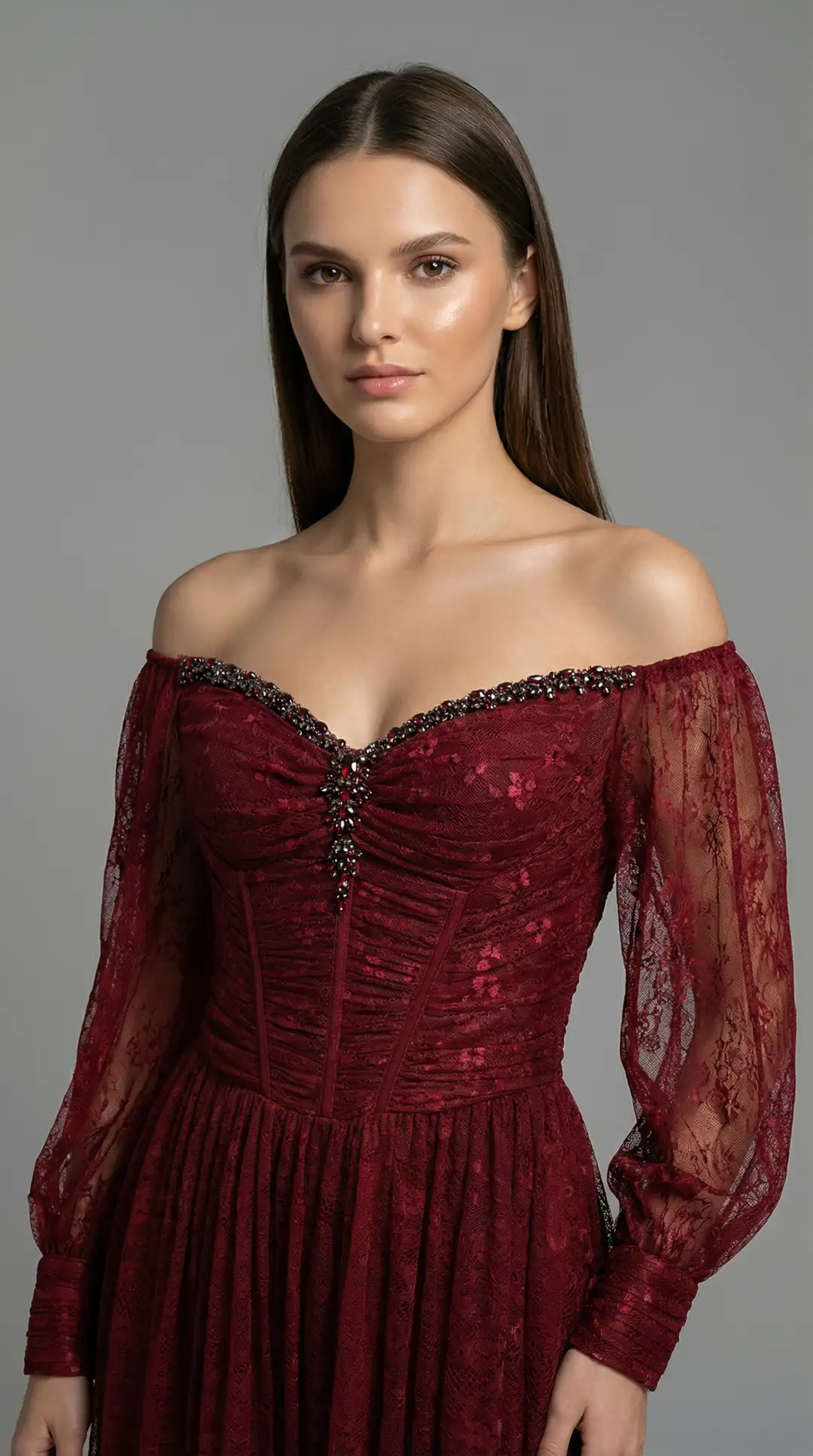 burgundy lace strapless dress Shop La Femme 32289 Sweetheart Neckline Lace up Back Ruched Jersey Fitted Evening Dress Dark Wine / 10