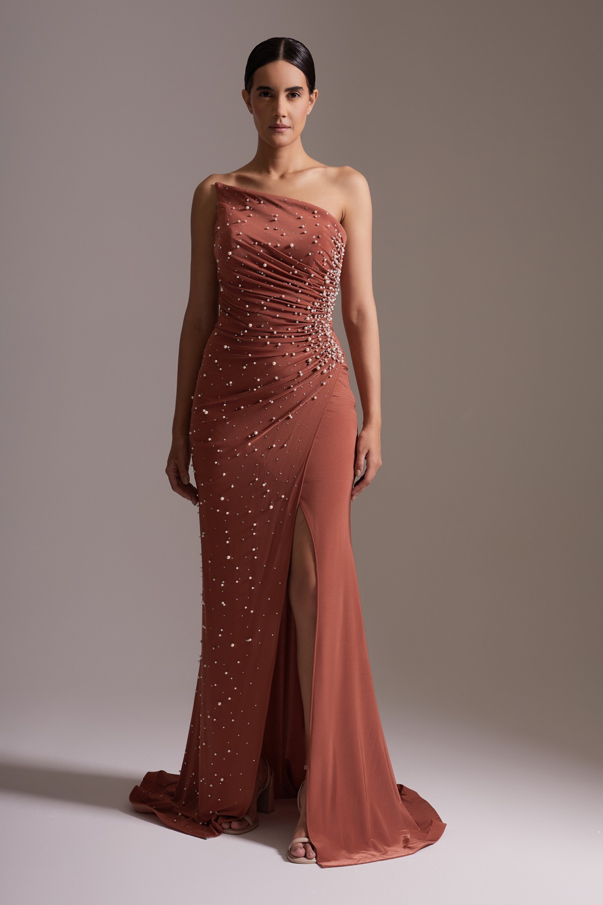 One Shoulder Pearl Detailed Slit Satin Evening Dress in Earth Color