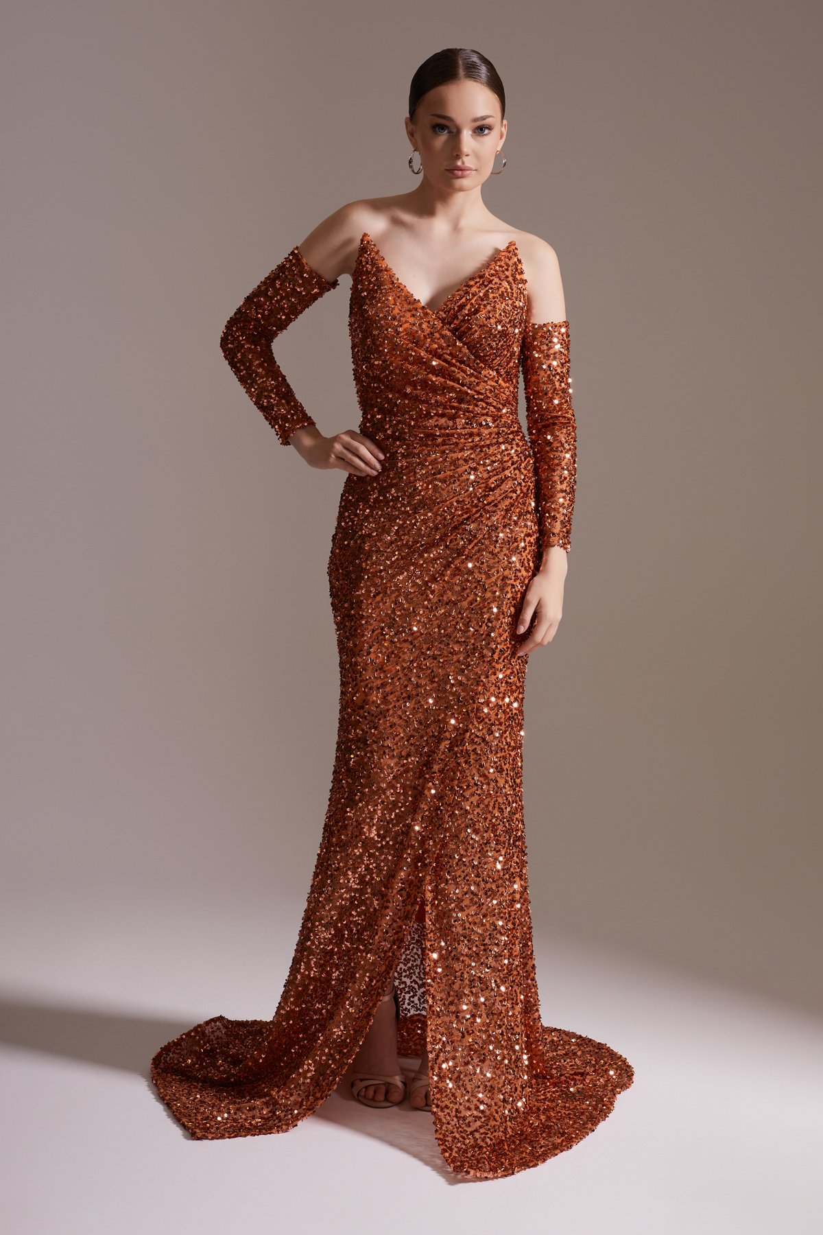 Off-the-Shoulder, Slit and Long Sleeve Evening Dress in Copper Color