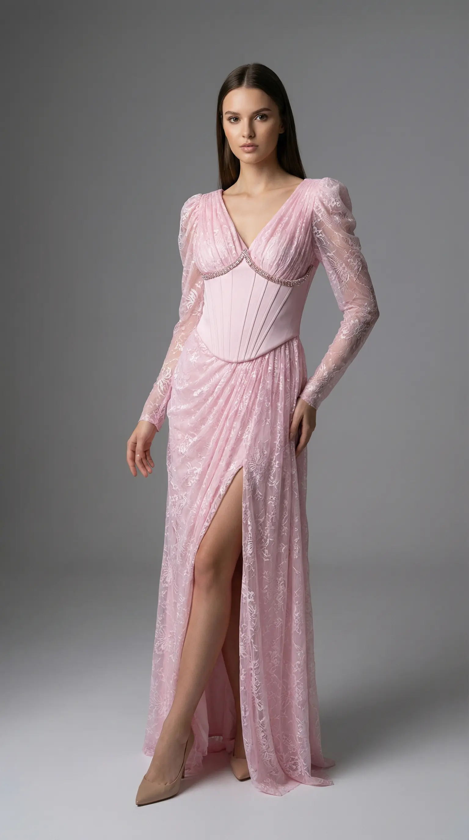 pink long sleeve corset dress Pink Corset Gown With Long Sleeves Shimmi Dresses