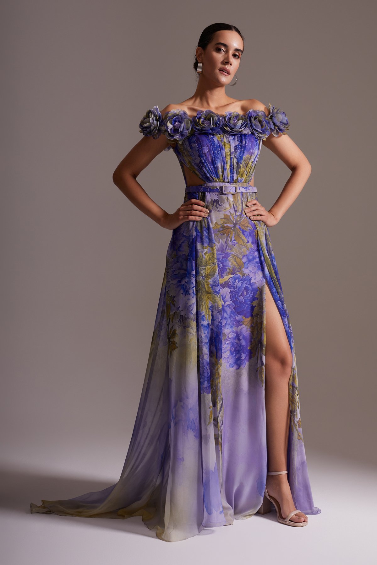 Floral Patterned Shoulder Slit Chiffon Evening Dress Purple Blue