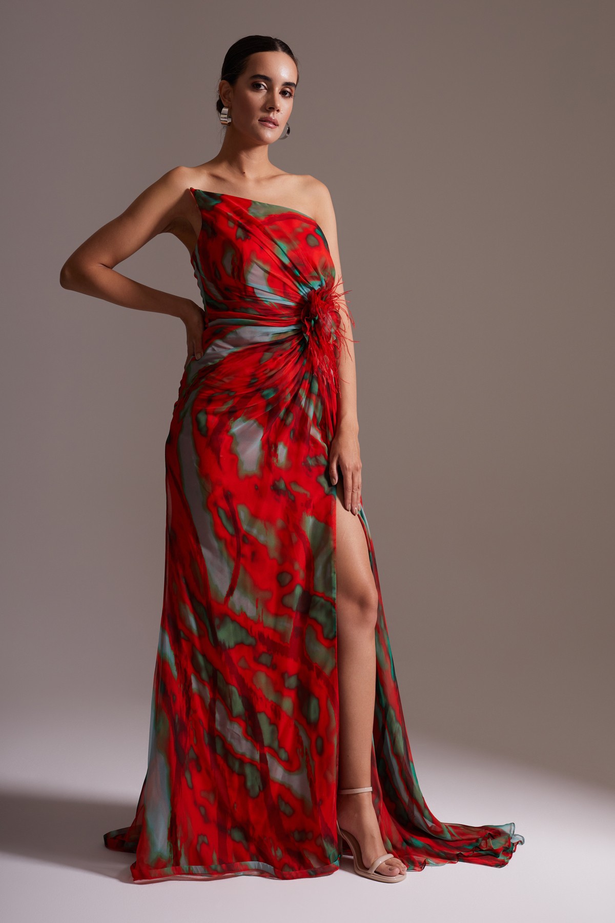One Shoulder Slit Patterned Chiffon Evening Dress Red