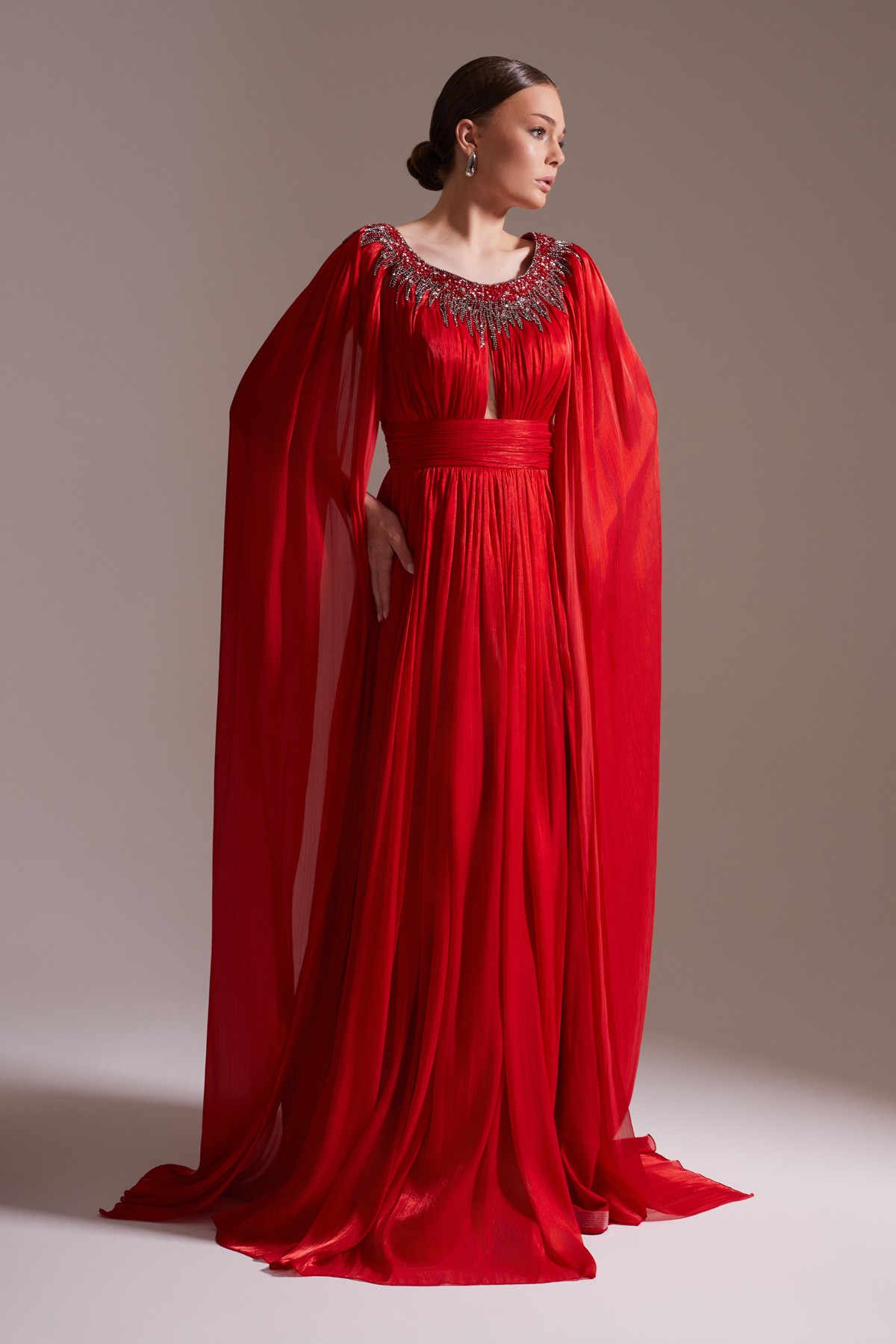 Stone Embroidered Cape Sleeve Slit Chiffon Evening Dress Red