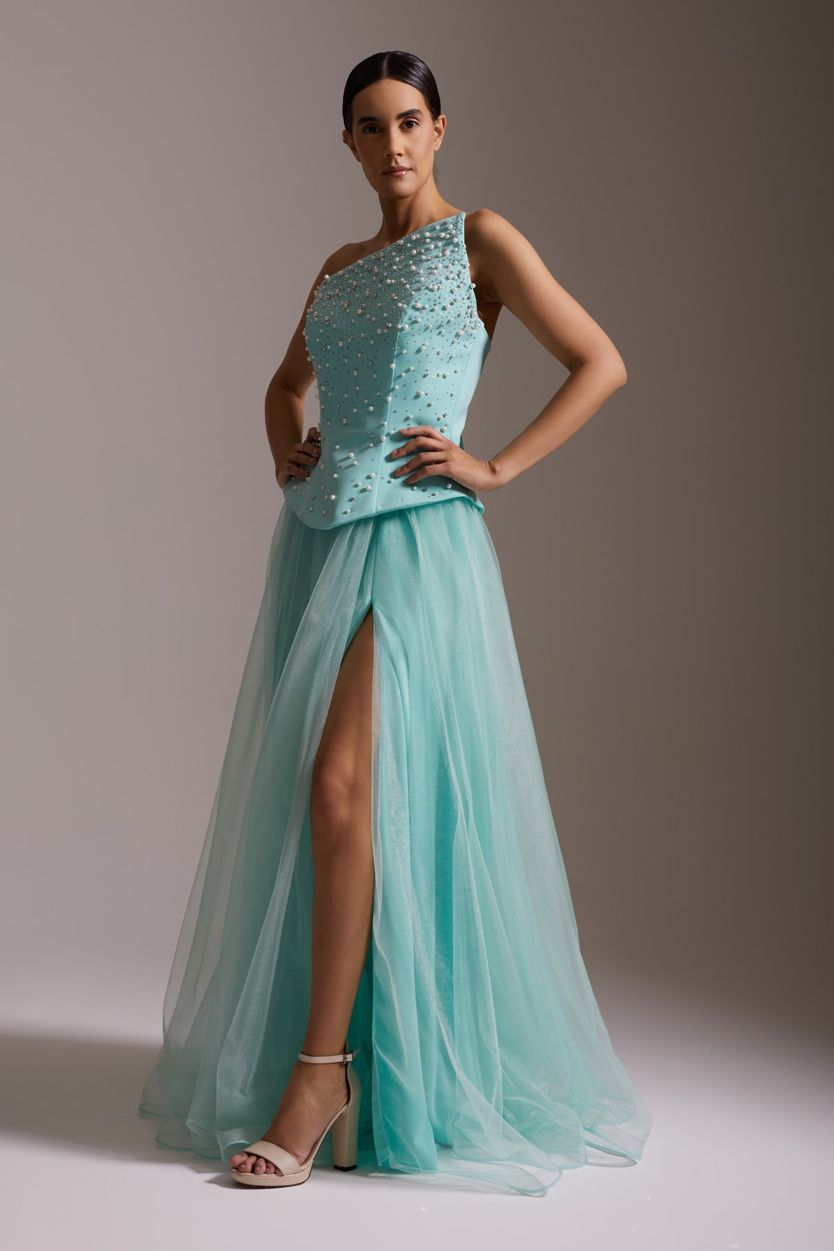 One-Shoulder Pearl Tulle Evening Dress with Slit in Aqua Green