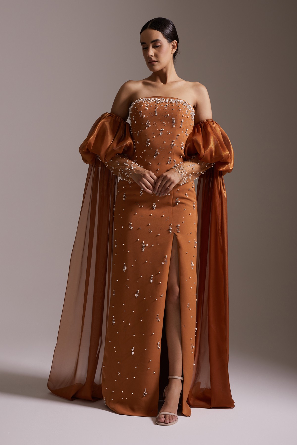 Strapless Pearl Embroidered Balloon Sleeve Slit Evening Dress Caramel