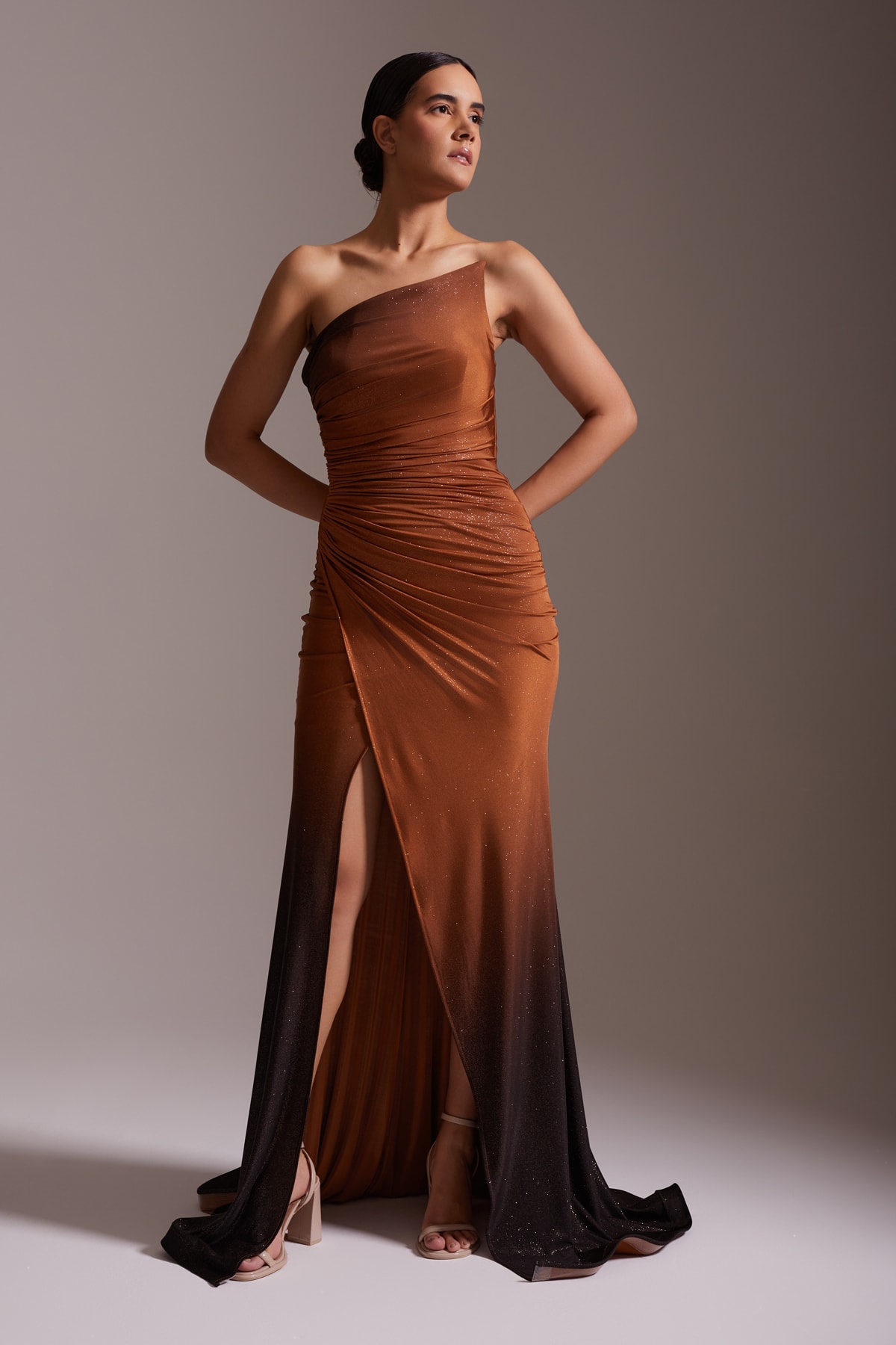 One Shoulder Asymmetrical Slit Gradient Evening Dress Brown-Black
