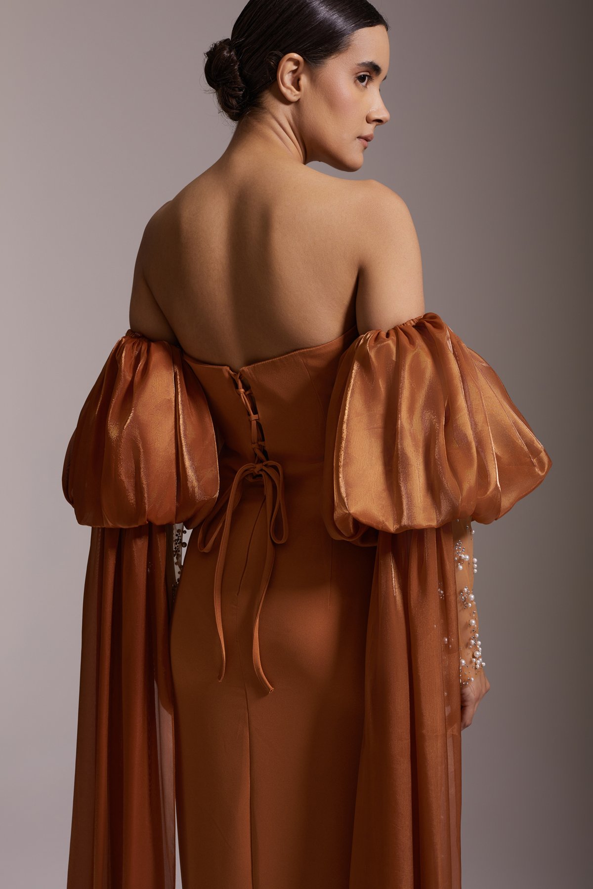Strapless Pearl Embroidered Balloon Sleeve Slit Evening Dress Caramel