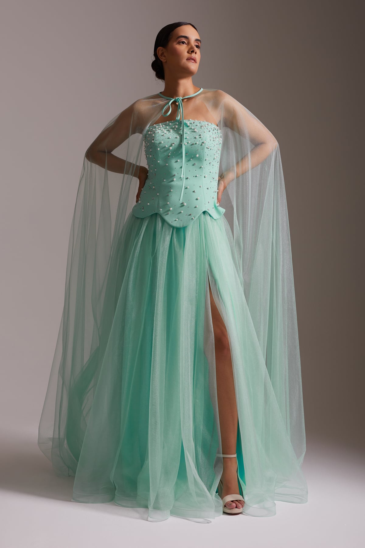 Stone Embroidered Tulle Skirt and Cape Detailed Slit Evening Dress, Sea Green