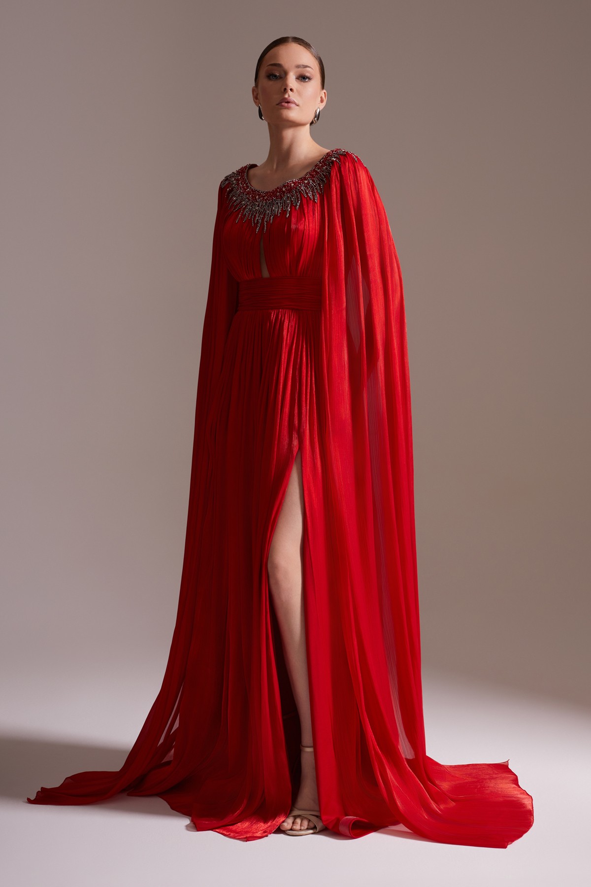 Stone Embroidered Cape Sleeve Slit Chiffon Evening Dress Red