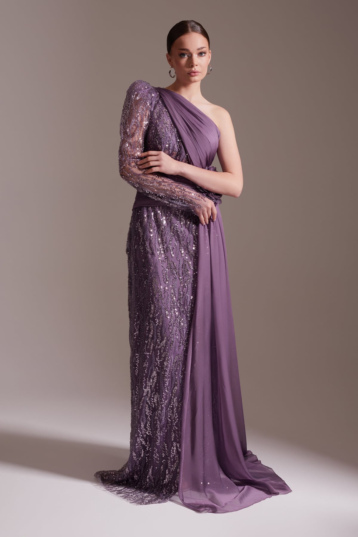 One Shoulder Sequined Chiffon Belted Flower Detailed Long Evening Dress Purple