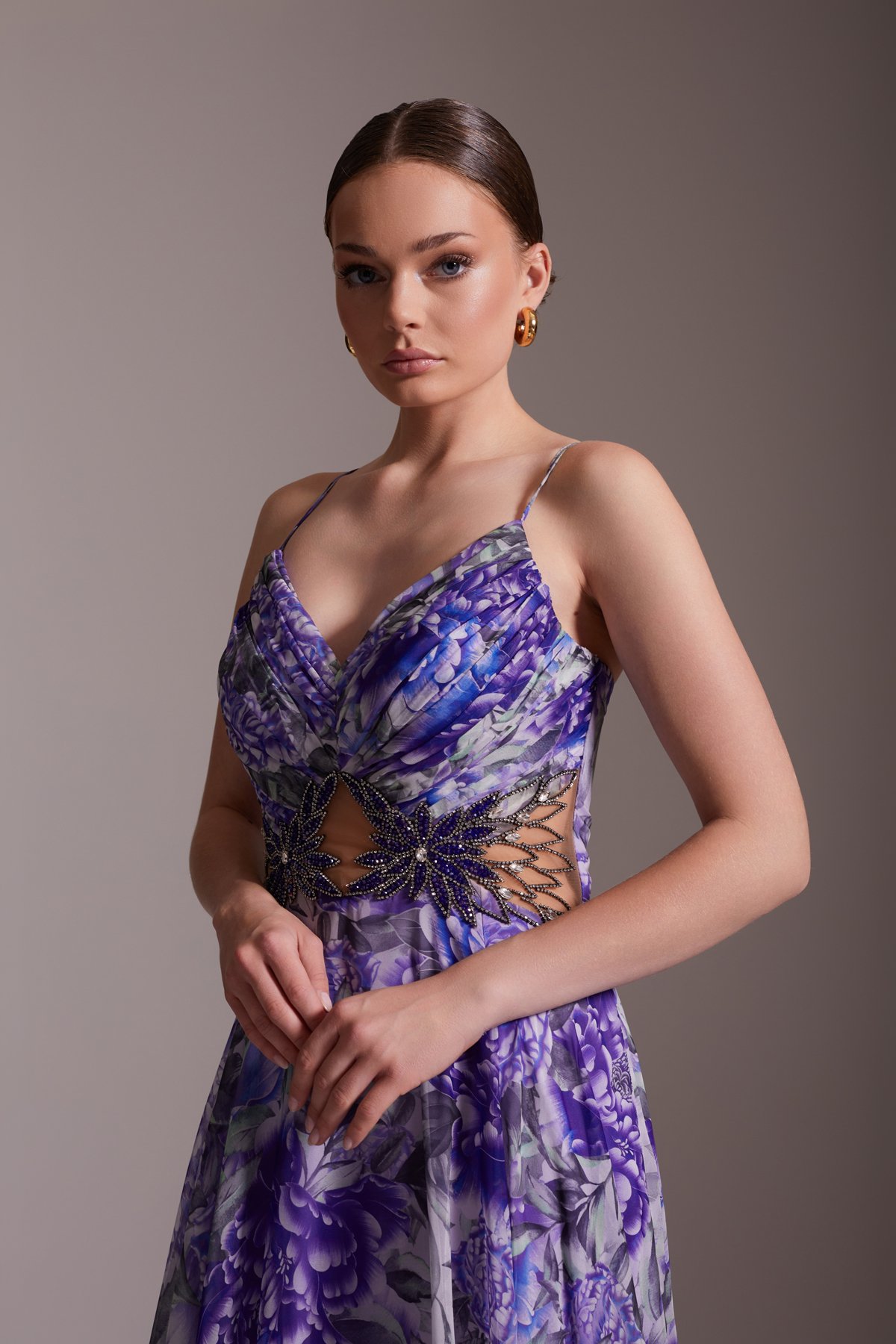 Floral Patterned Chiffon V-Neck Thin Straps Stone Embroidered and Slit Long Evening Dress Purple
