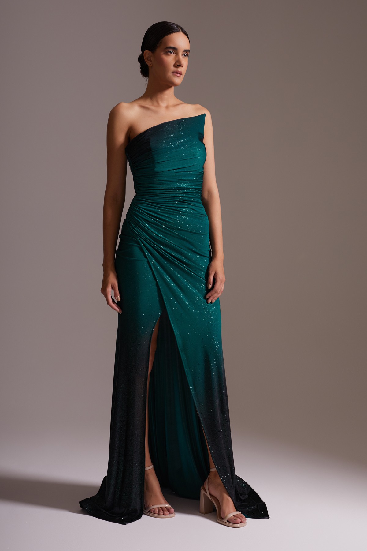 One Shoulder Slit Sparkly Evening Dress Red