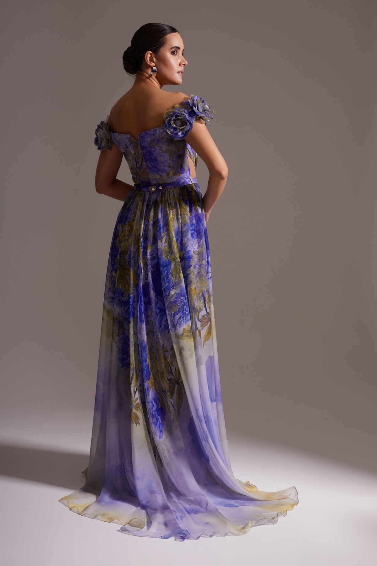 Floral Patterned Shoulder Slit Chiffon Evening Dress Purple Blue