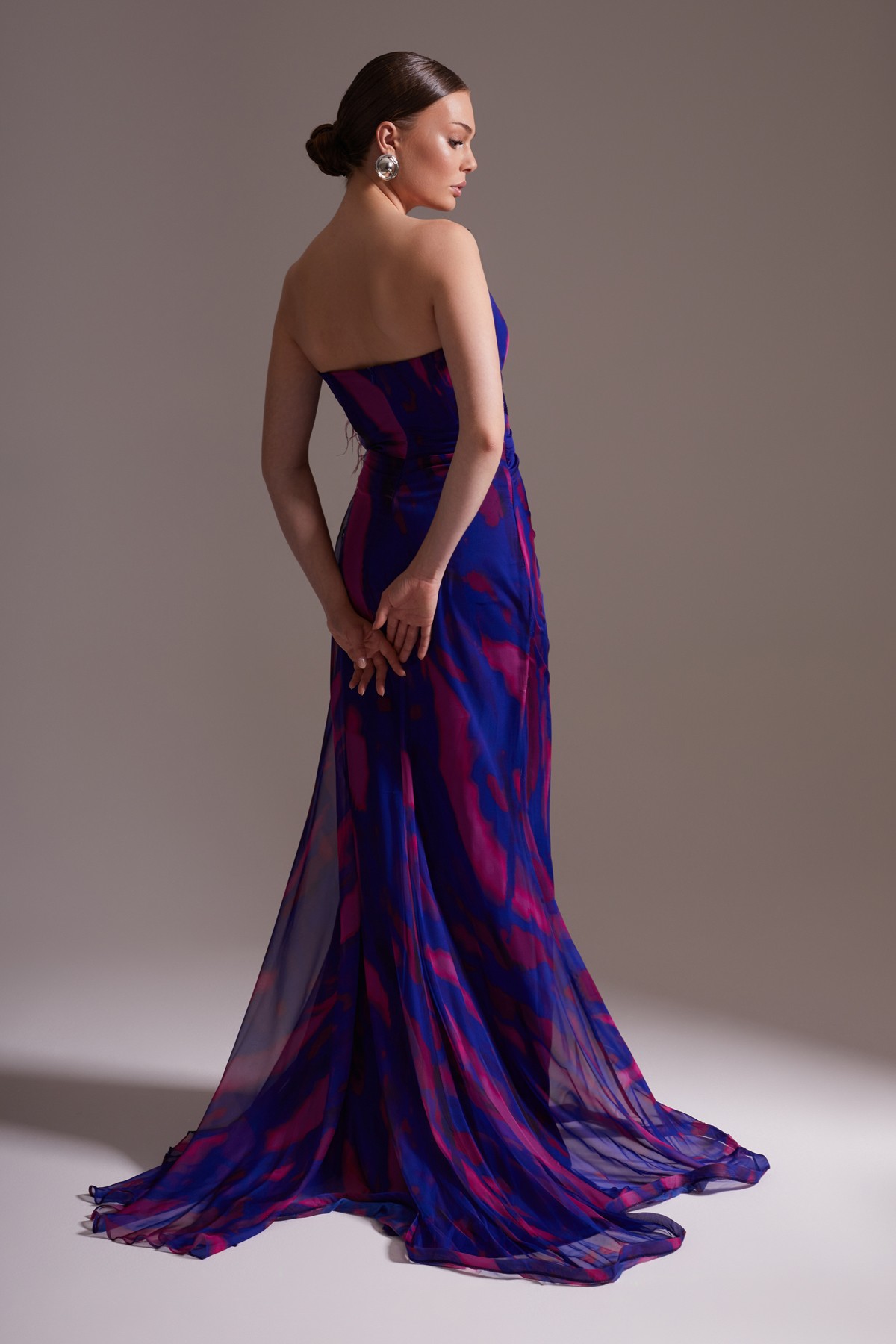 Patterned One-Shoulder Chiffon Evening Dress Purple - Fuchsia