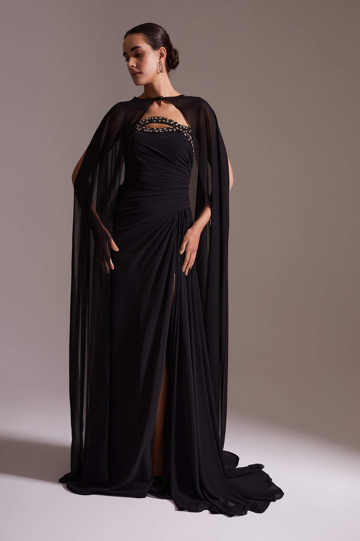 Stone Detailed Chiffon Cape Slit Long Evening Dress Black
