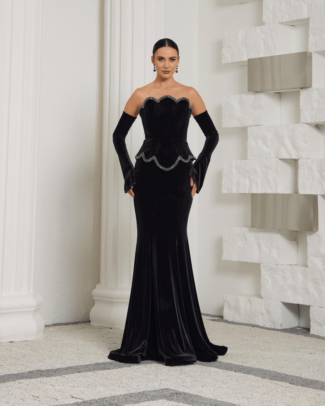 Black Velvet Strapless Evening Dress