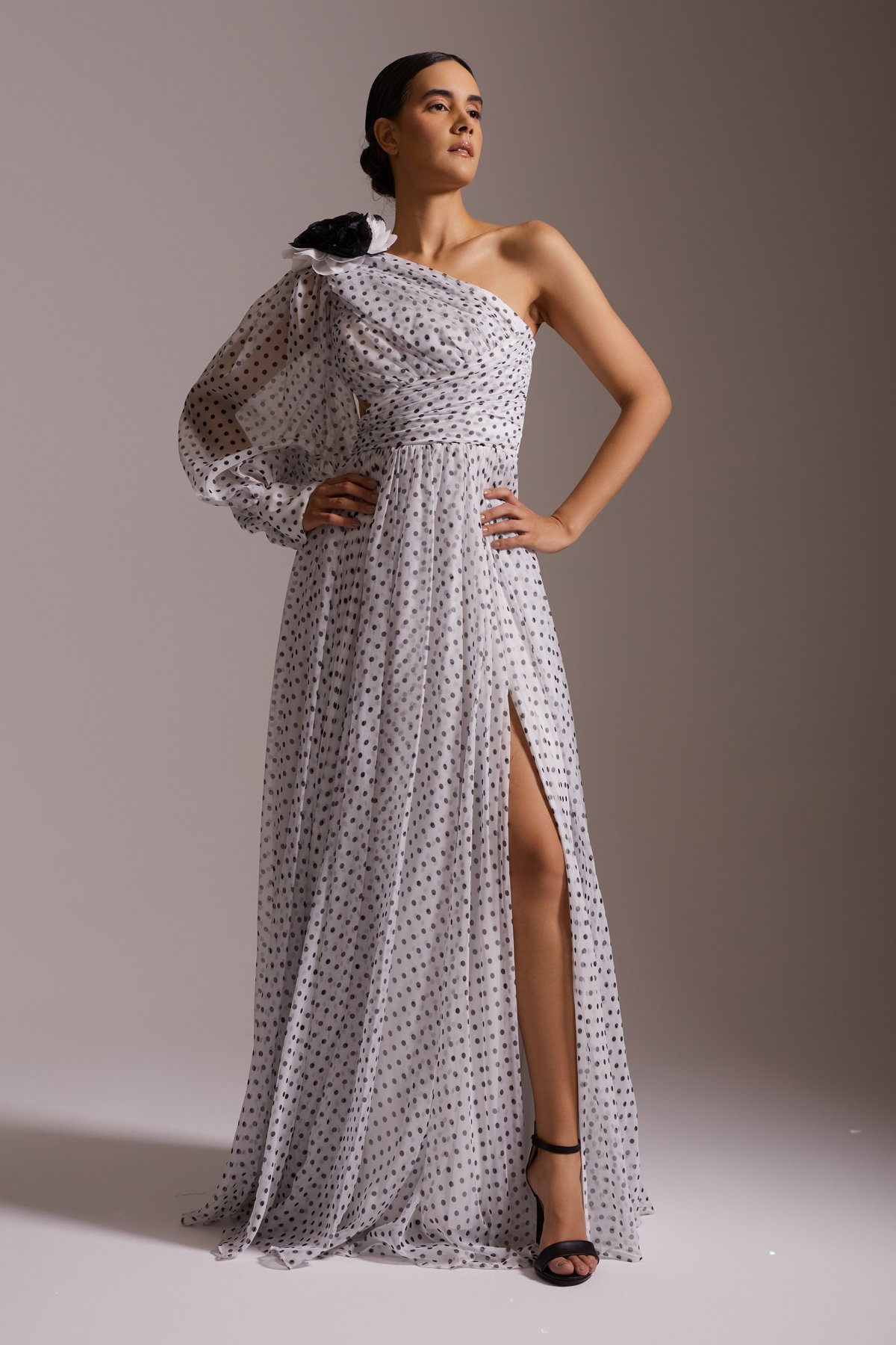 One Shoulder Black and White Polka Dot Slit Chiffon Evening Dress