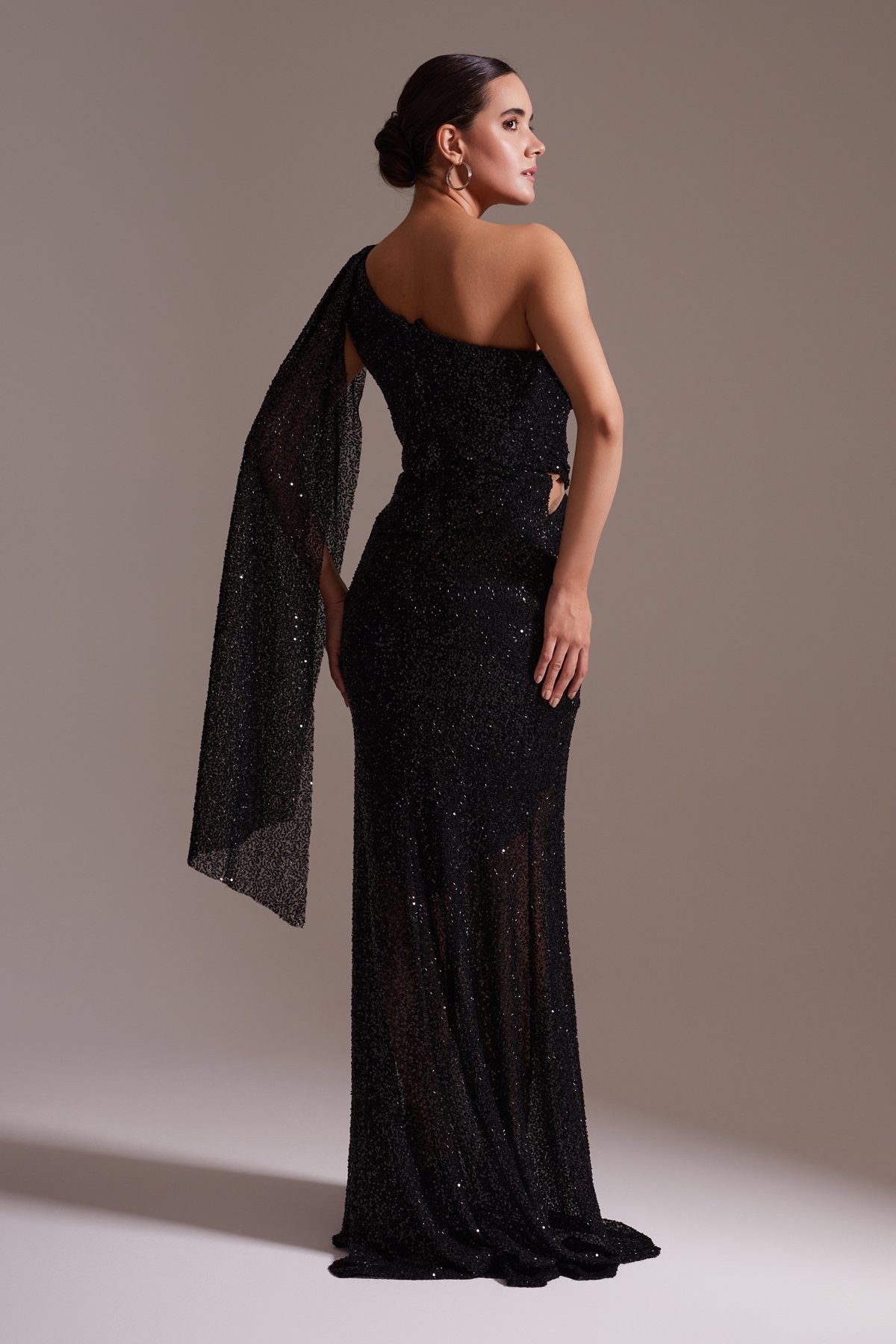 One Shoulder Slit Sequined Evening Dress Black