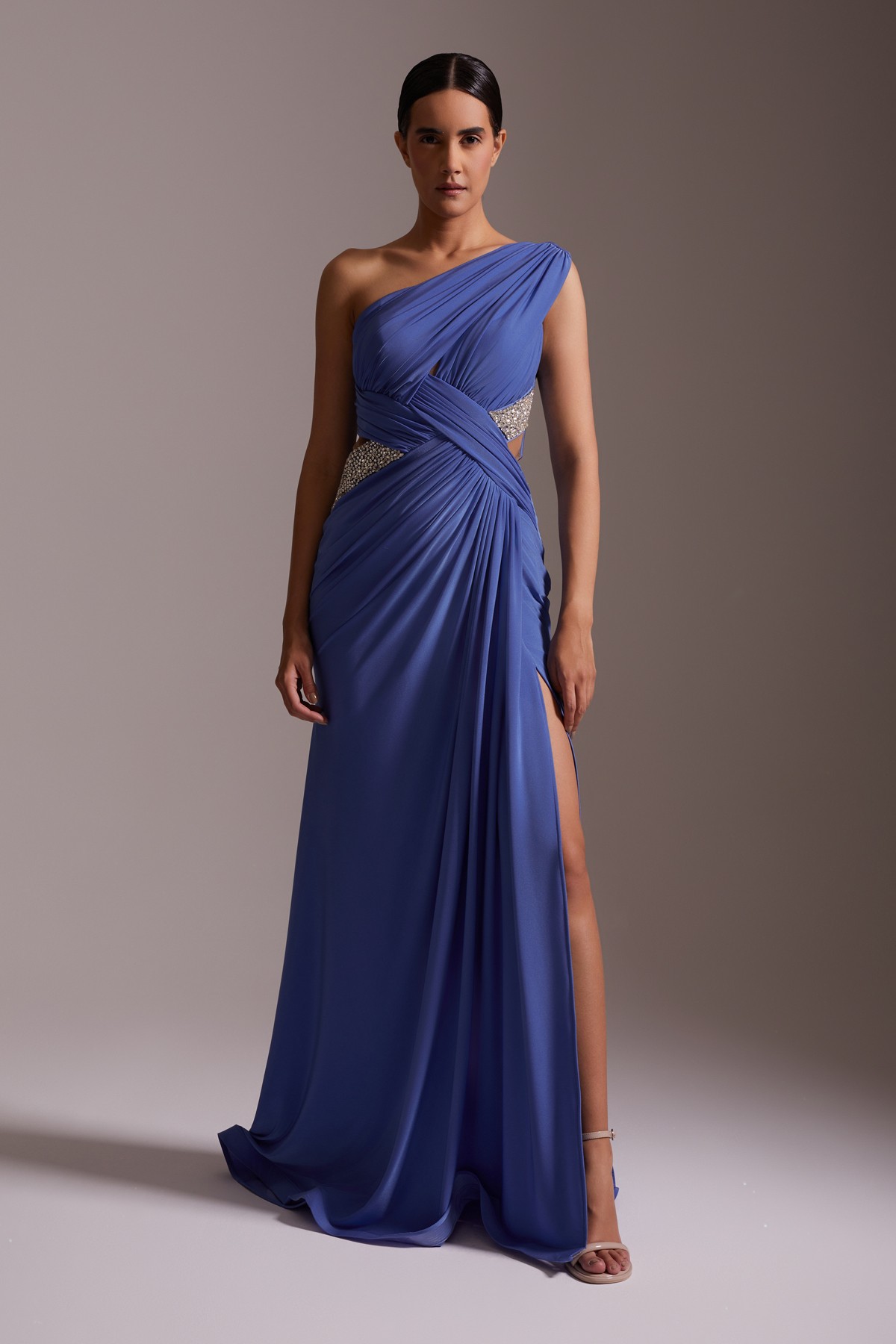 One Shoulder Draped Slit Stone Detailed Chiffon Evening Dress Blue