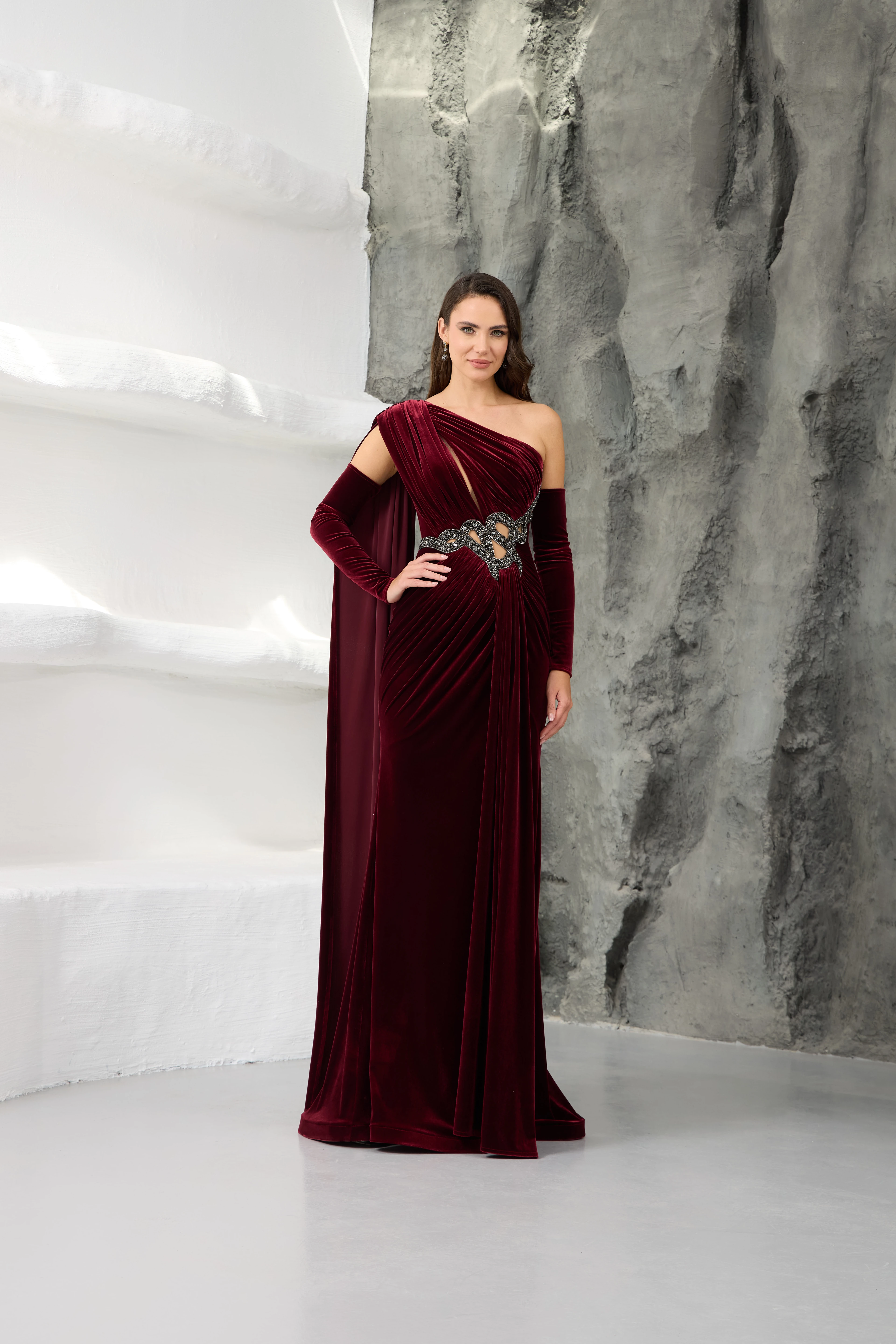Burgundy One Shoulder Velvet Evening Dress with Stone Details