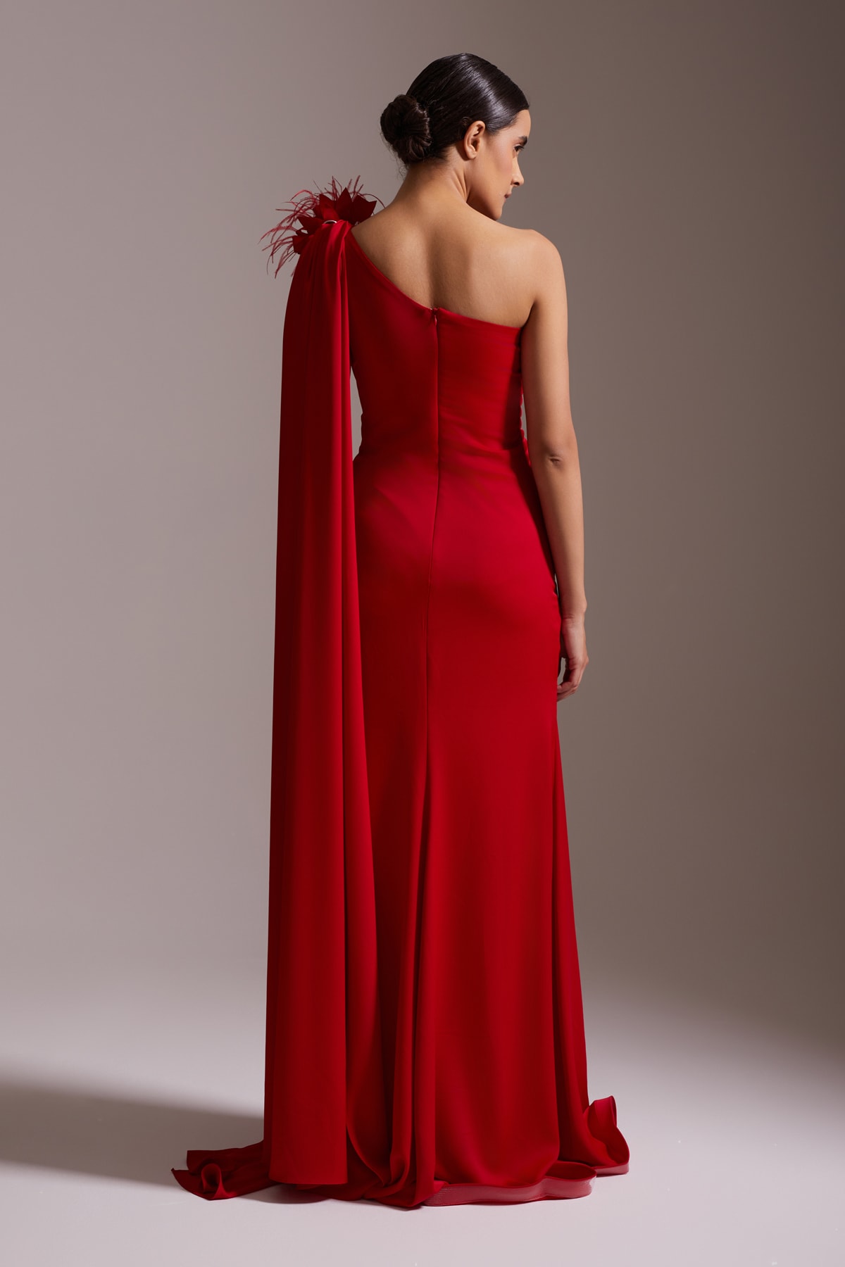 One Shoulder Floral Detailed Slit Chiffon Evening Dress Red