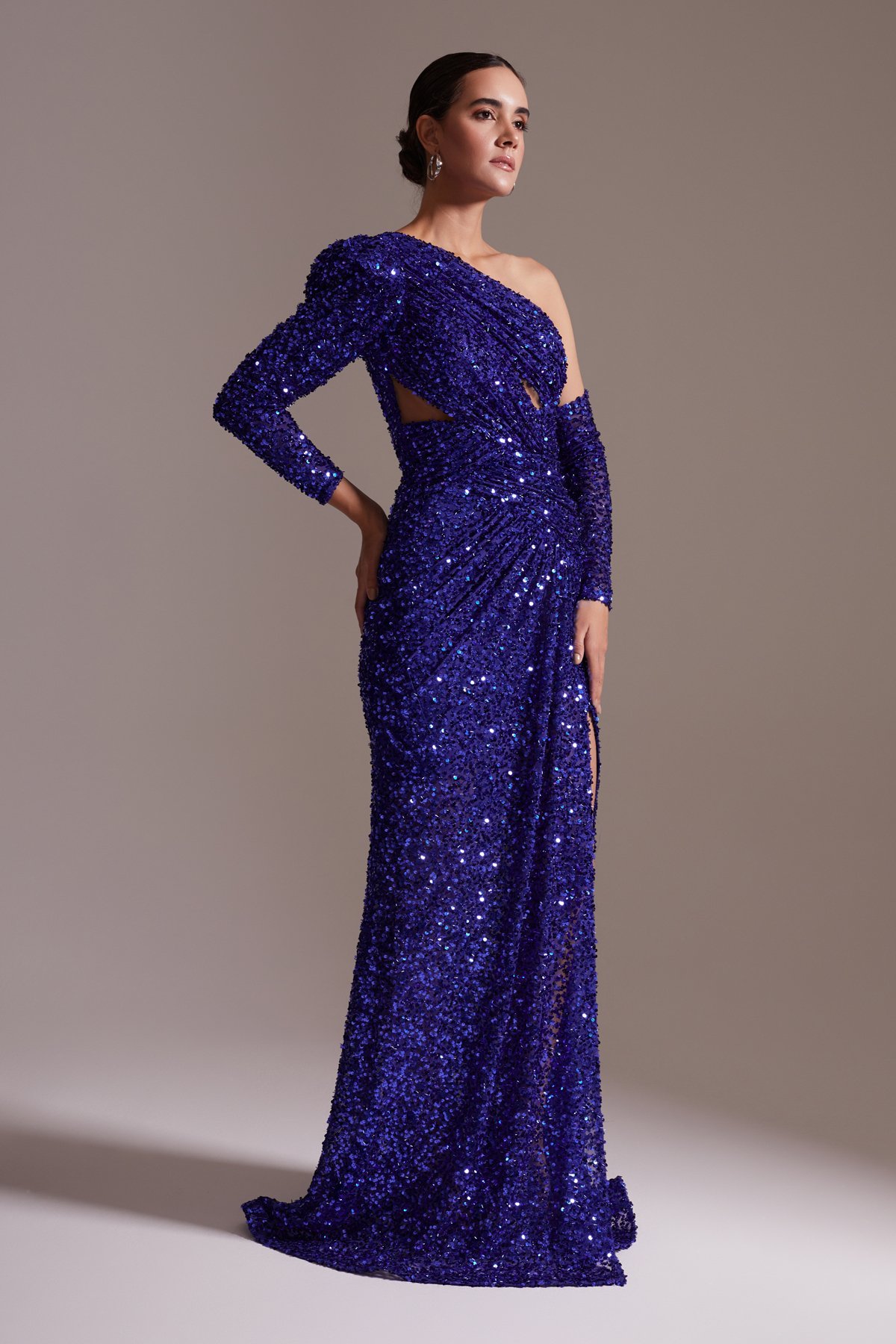 Sequined One Shoulder Slit Long Evening Dress Navy Blue