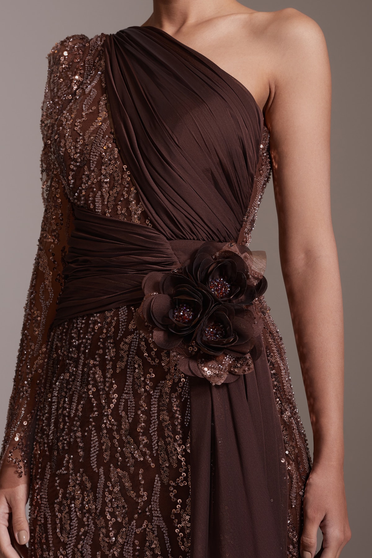 One Shoulder Long Sleeve Slit Sequined Chiffon Evening Dress Brown