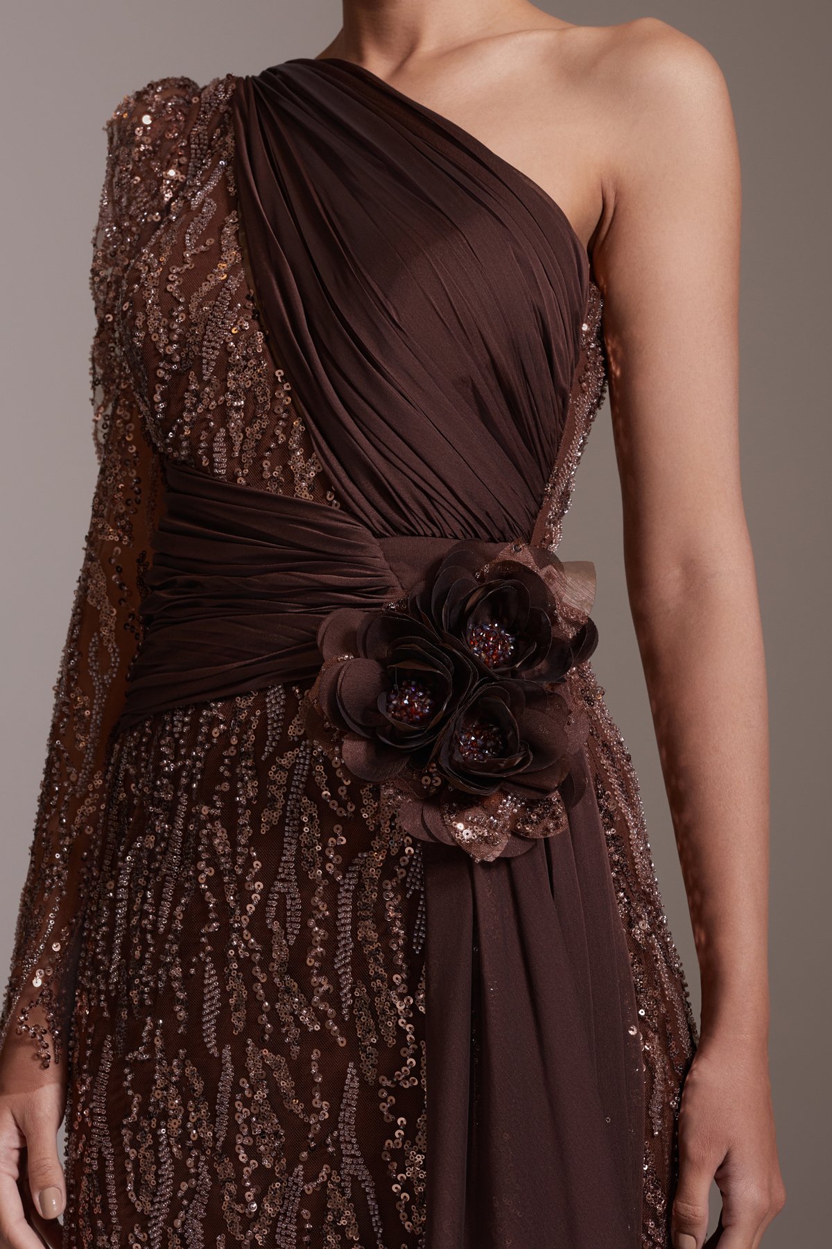 One Shoulder Long Sleeve Slit Sequined Chiffon Evening Dress Brown