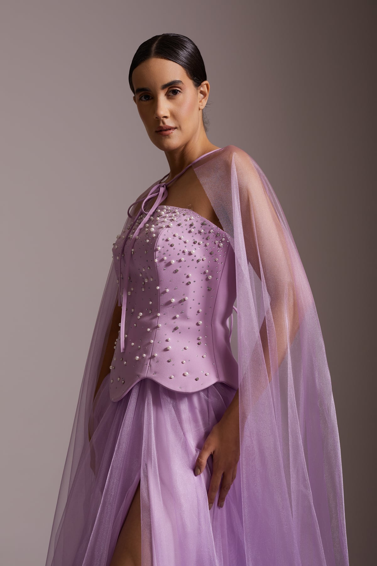 Stone Embroidered Tulle Cape and Slit Evening Dress Lilac