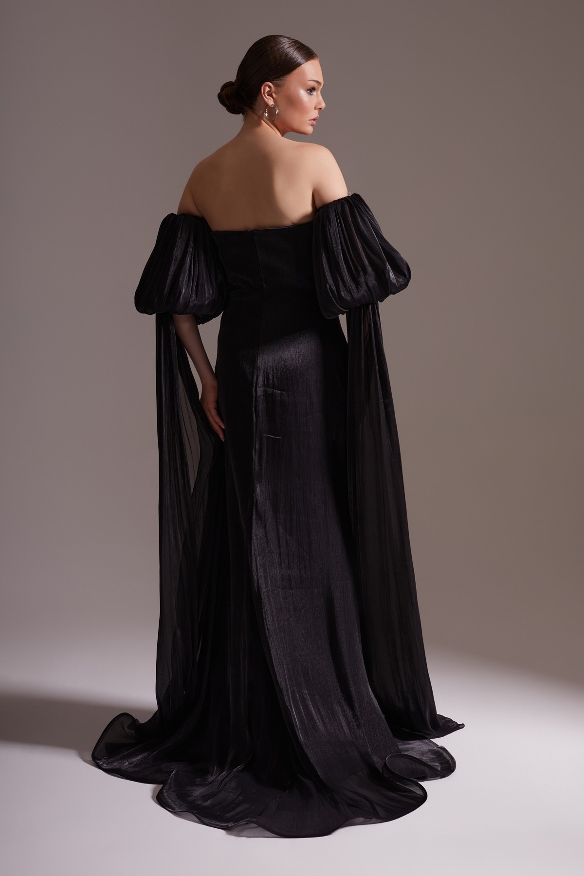 One Shoulder Satin Draped Flower Detailed Balloon Sleeve Slit Evening Dress Black