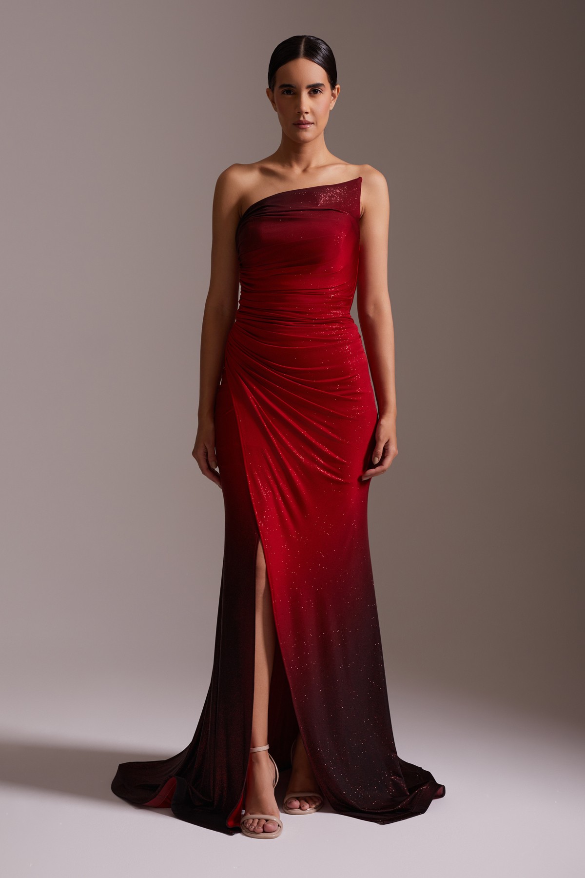 One Shoulder Slit Sparkly Evening Dress Red